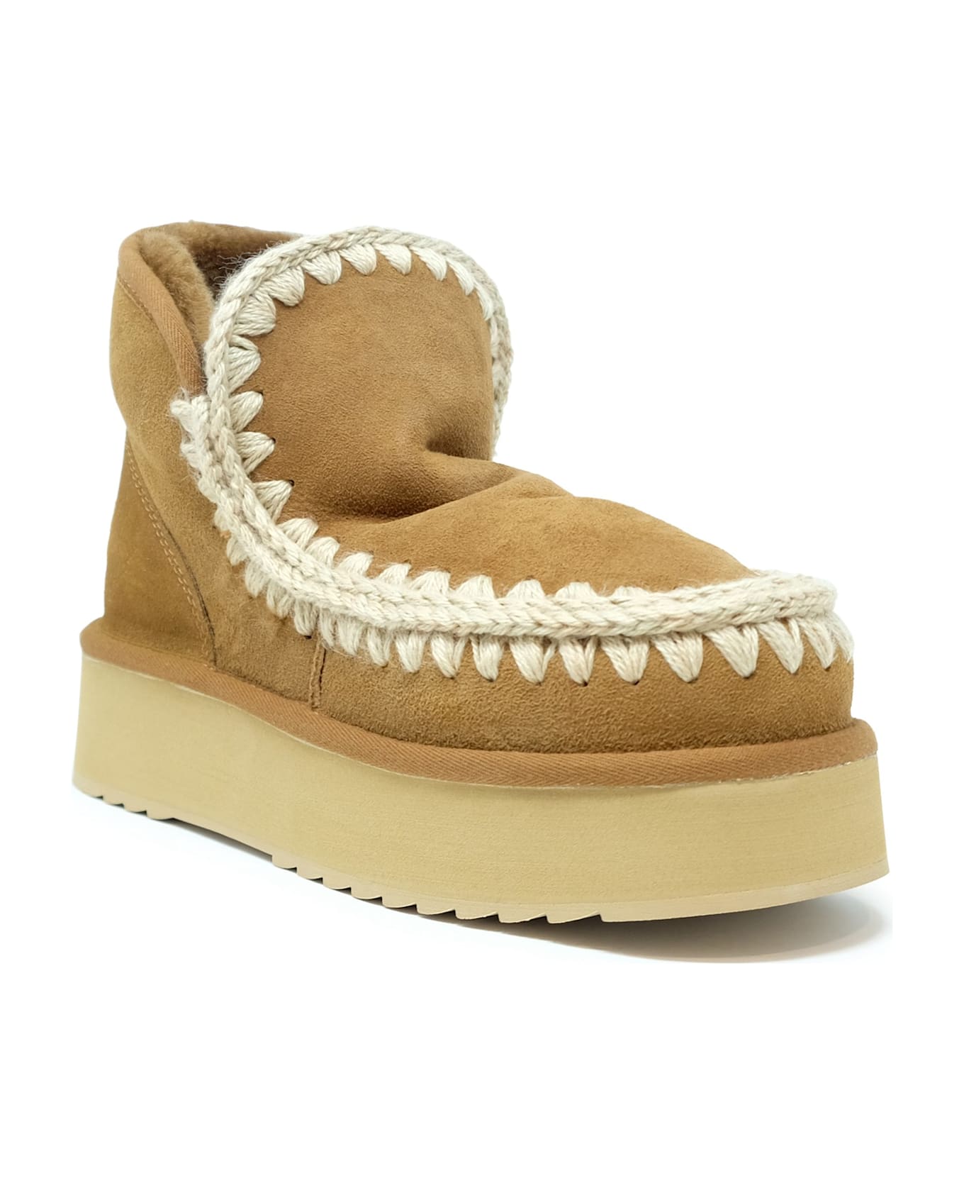 Mou Cognac Mini Eskimo Leather Wool Rubber Platform Boot - COGNAC