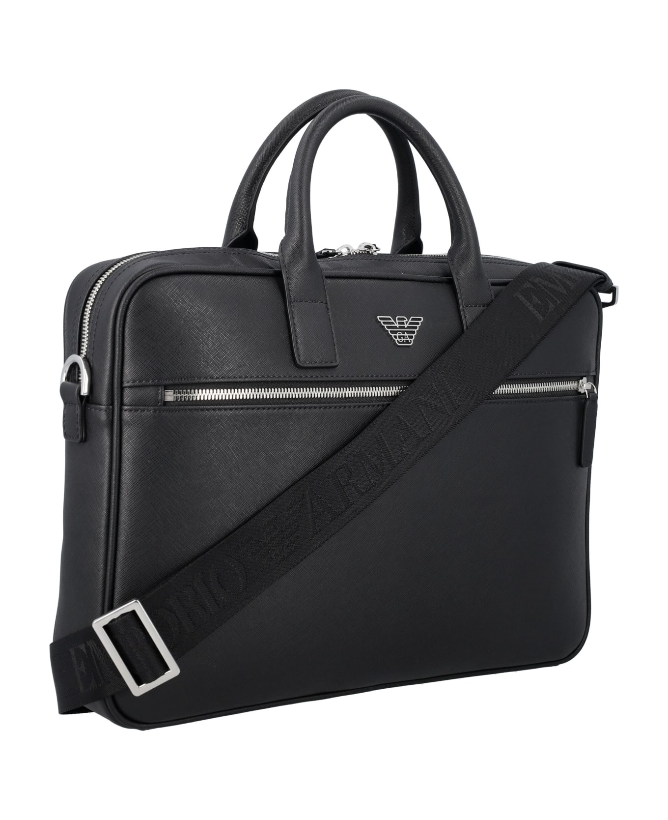 Emporio Armani Regenerated-leather Business Bag With Eagle Pate - Black デジタルアクセサリー