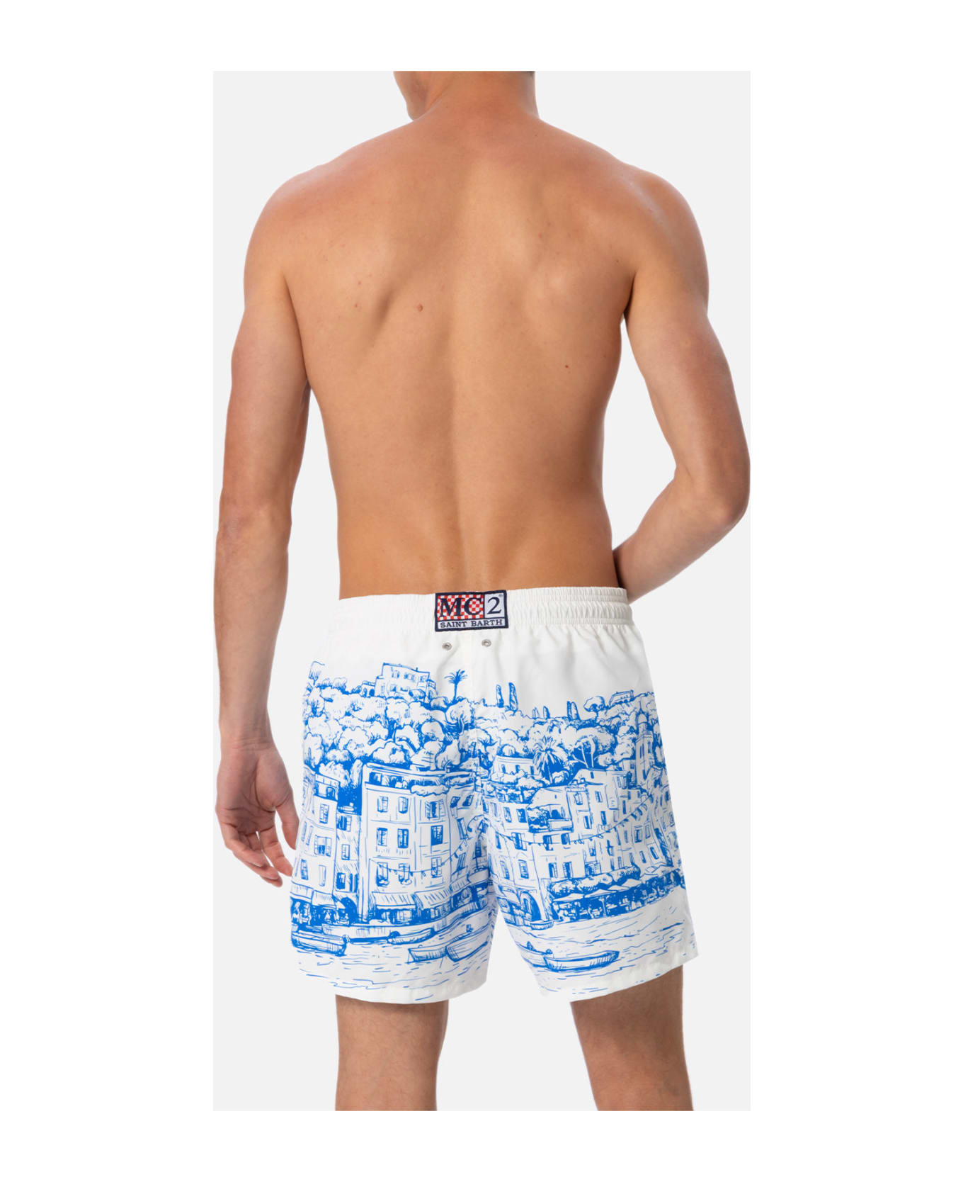 MC2 Saint Barth Man Mid-length Gustavia Swim-shorts With Portofino Placed Print - WHITE