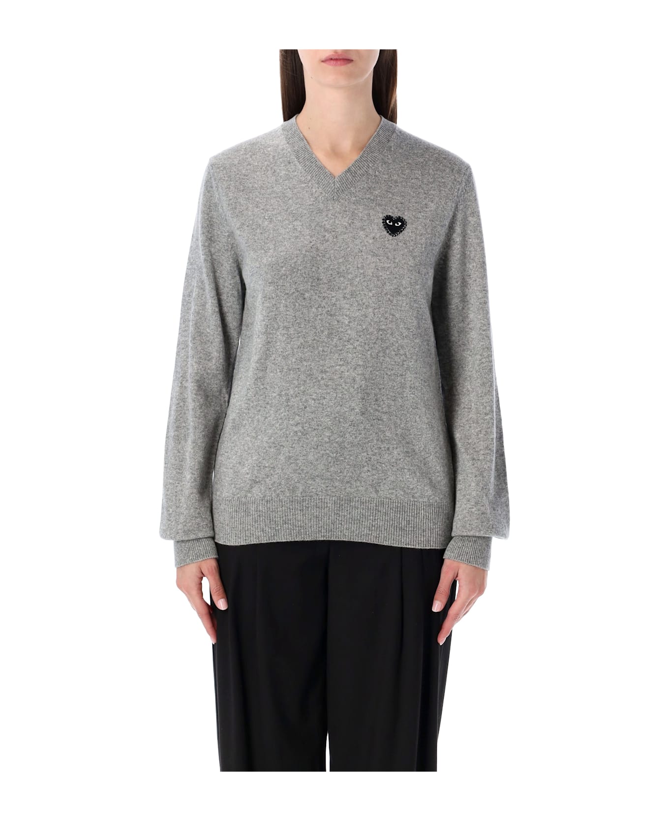 Comme des Garçons Play Wool V-neck Sweater With Black Heart And Crystals - LIGHT GREY