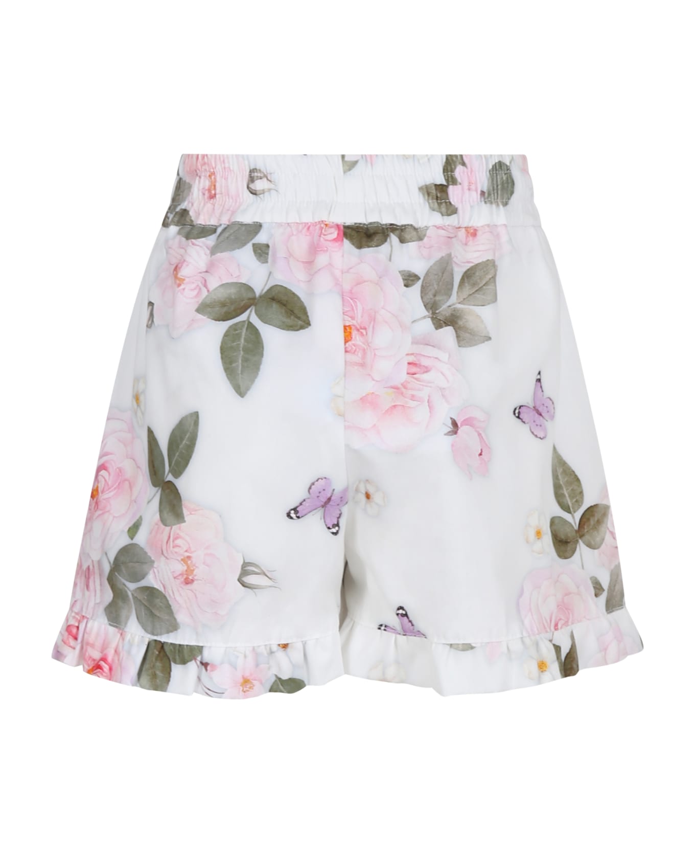 Monnalisa White Shorts For Girl With Floreal Print - White ボトムス