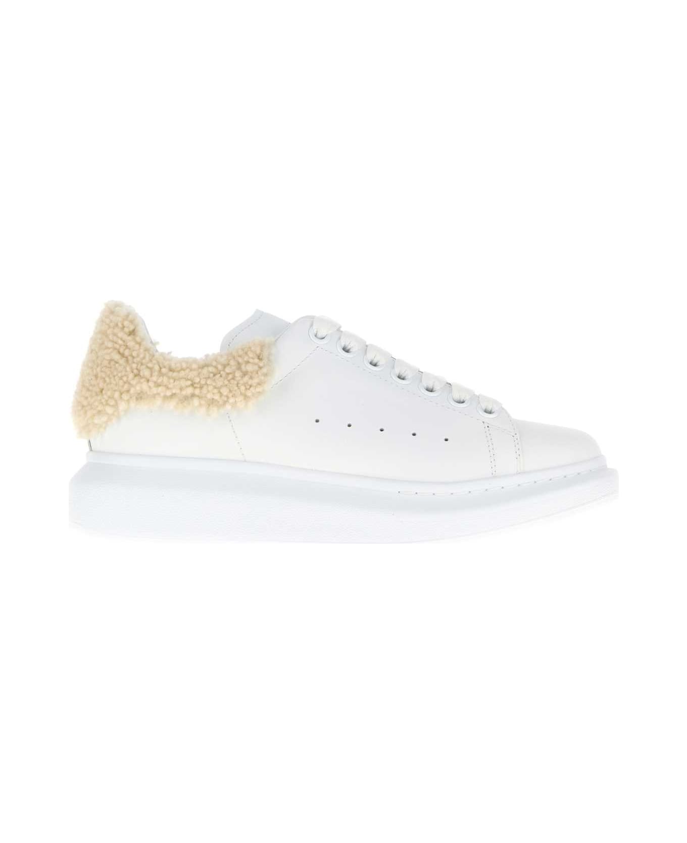 Alexander McQueen White Leather Sneakers With Beige Shearling Heel - WHITEBEIGE
