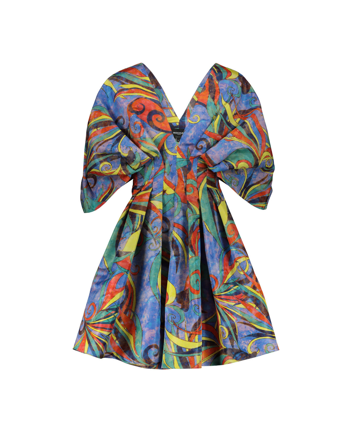 Rochas Mini Dress In Printed Double Taffeta Whit Pleated Details. - BLUE
