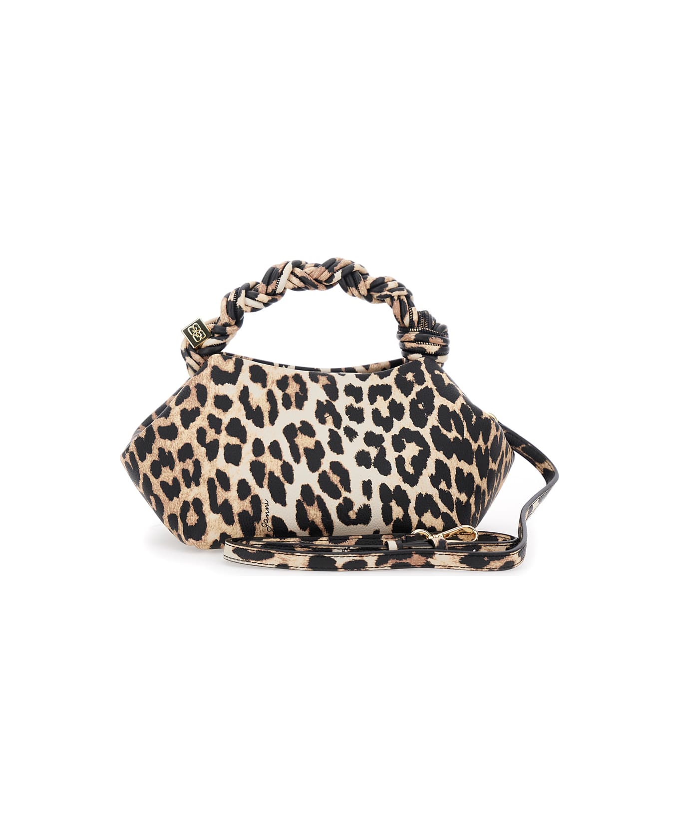 Ganni 'bou' Brown Small Handbag With Braided Handle And All-over Leopard Motif In Fabric Woman - Brown