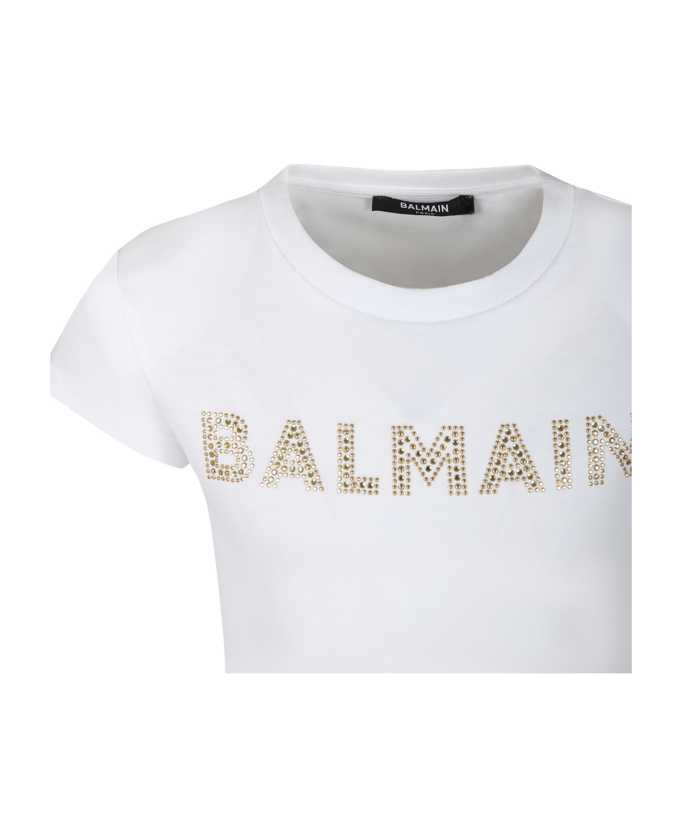 Balmain White T-shirt For Girl With Logo And Strass - White Tシャツ＆ポロシャツ