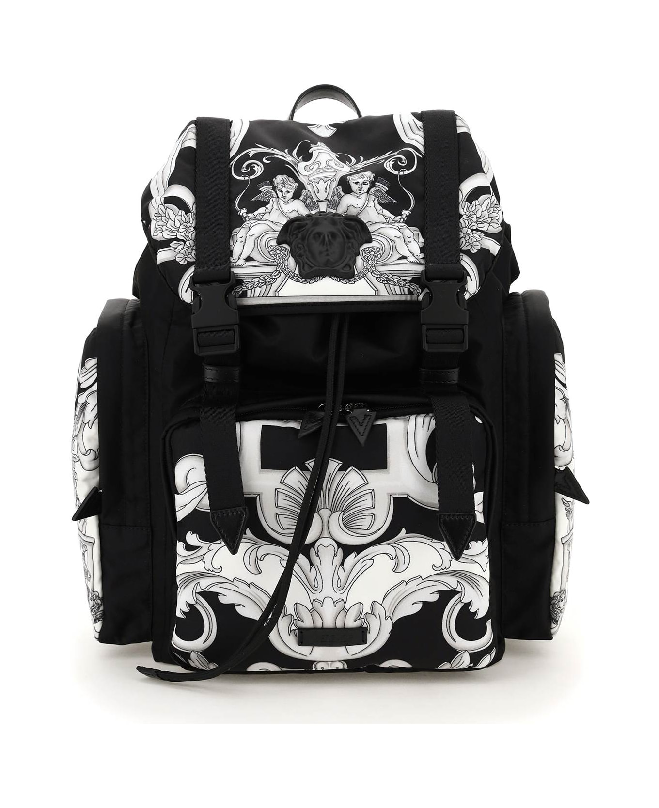 Versace Silver Baroque Print Nylon Medusa Backpack - NERO BIANCO NERO PALLADIO (Black)