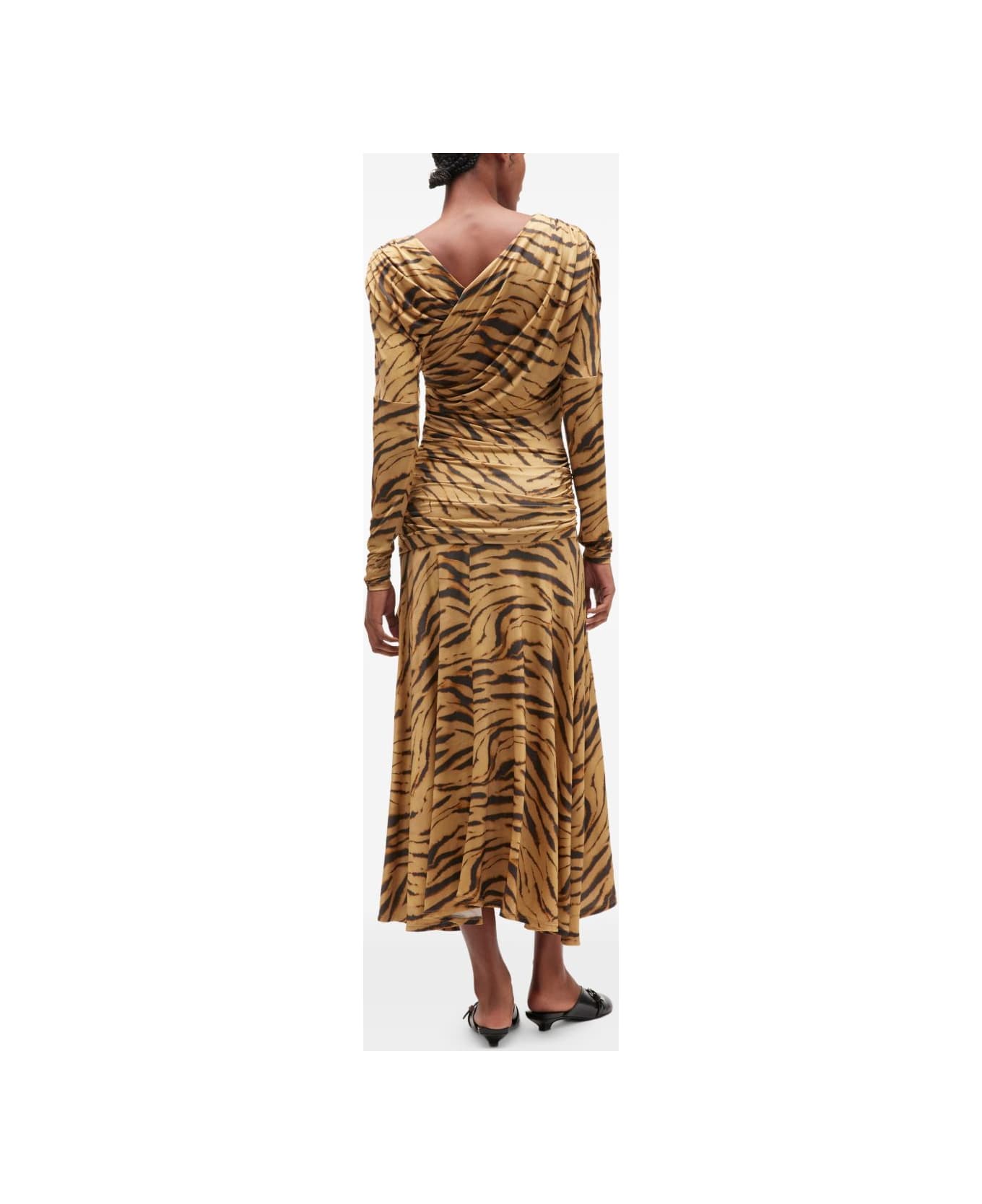 Ganni Printed Ruched Long Dress - BROWN