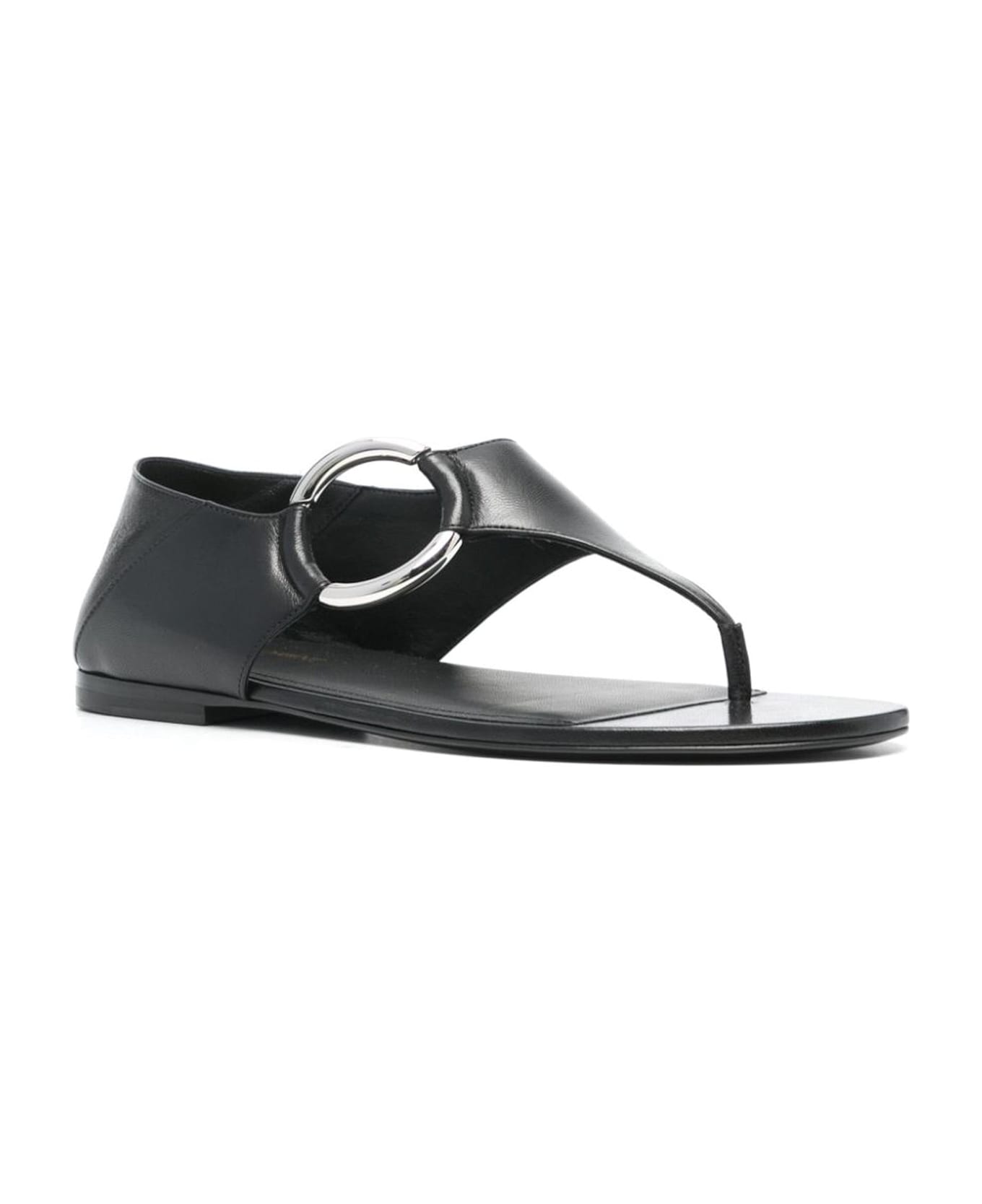 Saint Laurent Ring Leather Flat Sandals - Black