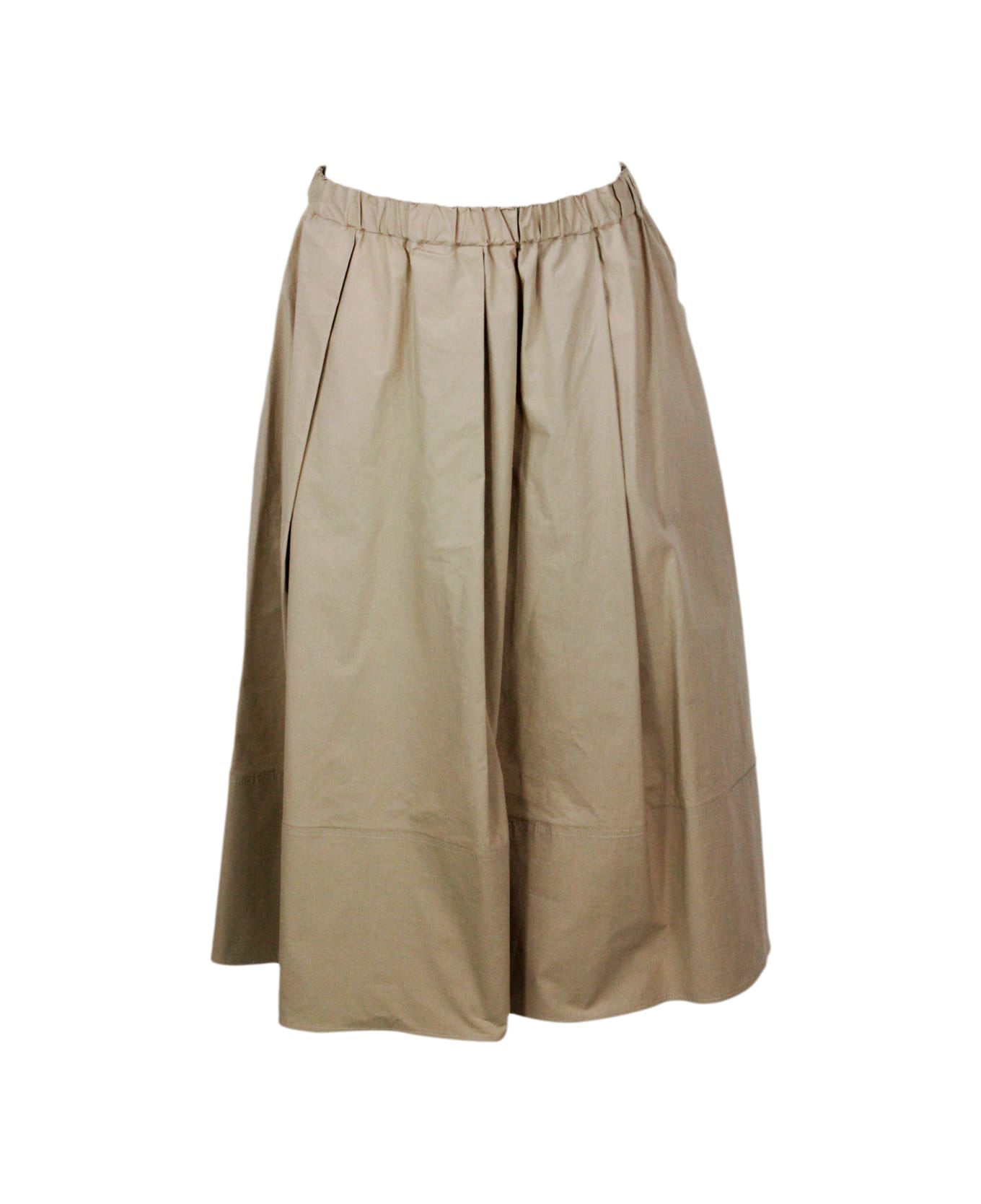Antonelli Long Skirt With Elastic Waist And Welt Pockets With Pleats Made Of Stretch Cotton - Beige