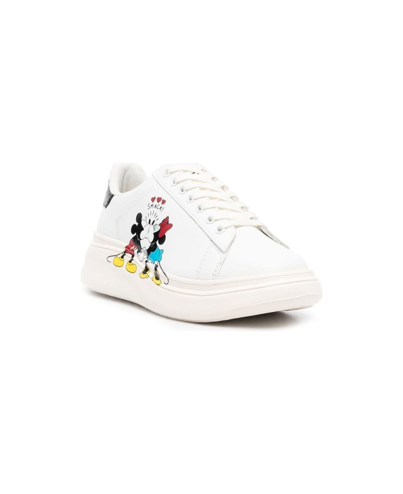 M.O.A. master of arts Moa Woman's White Leather Sneakers With Mickey Mouse Kiss Print - White