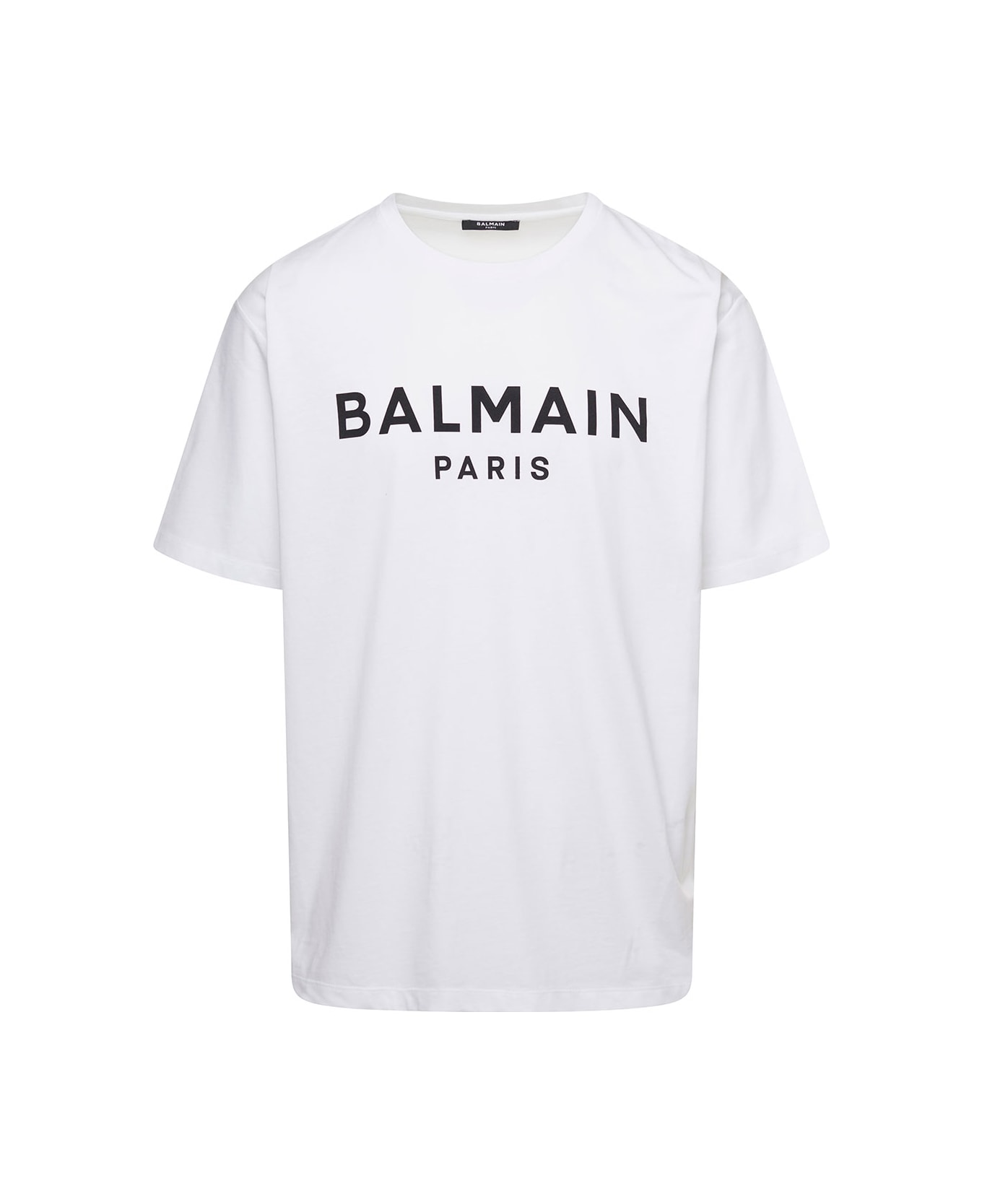Balmain White Crewneck T-shirt With Contrasting Logo Lettering Print In Cotton Man - White