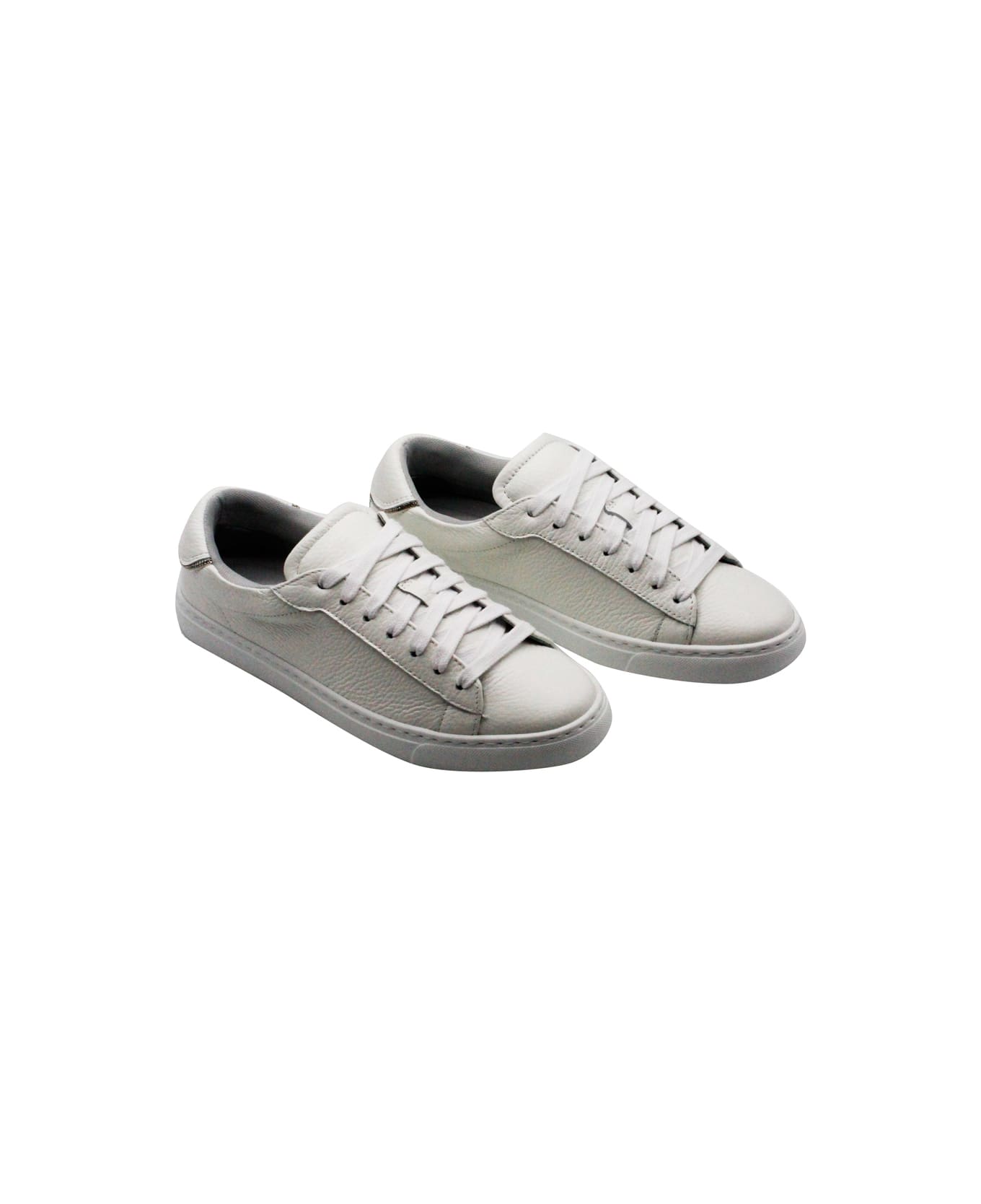 Fabiana Filippi Sneakers In Soft Textured Leather With Rows Of Monili On The Back. Lace Closure - White