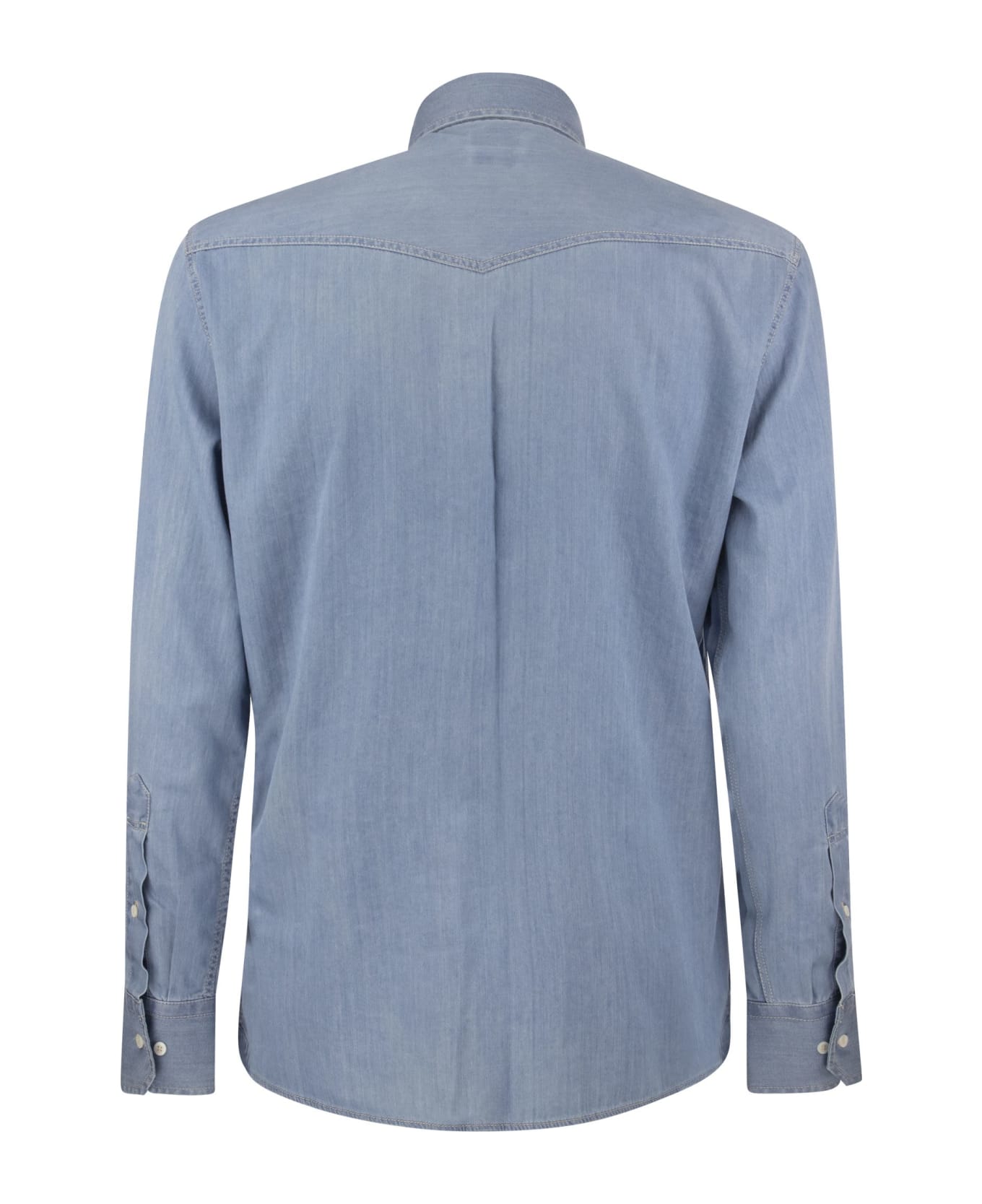Brunello Cucinelli Lightweight Denim Leisure Fit Shirt With Press zip, Epaulettes And Pockets - DENIM CHIARO+198
