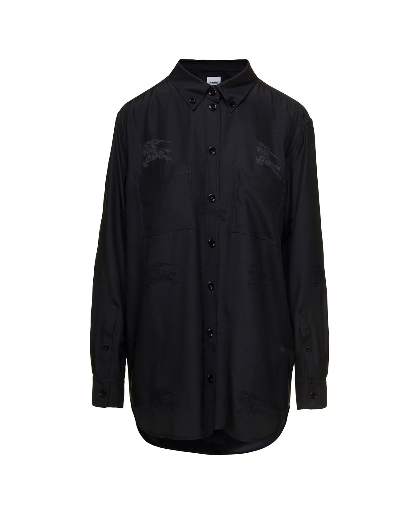 Burberry Black Loose Shirt With Tonal Logo Print In Silk Woman - Black シャツ