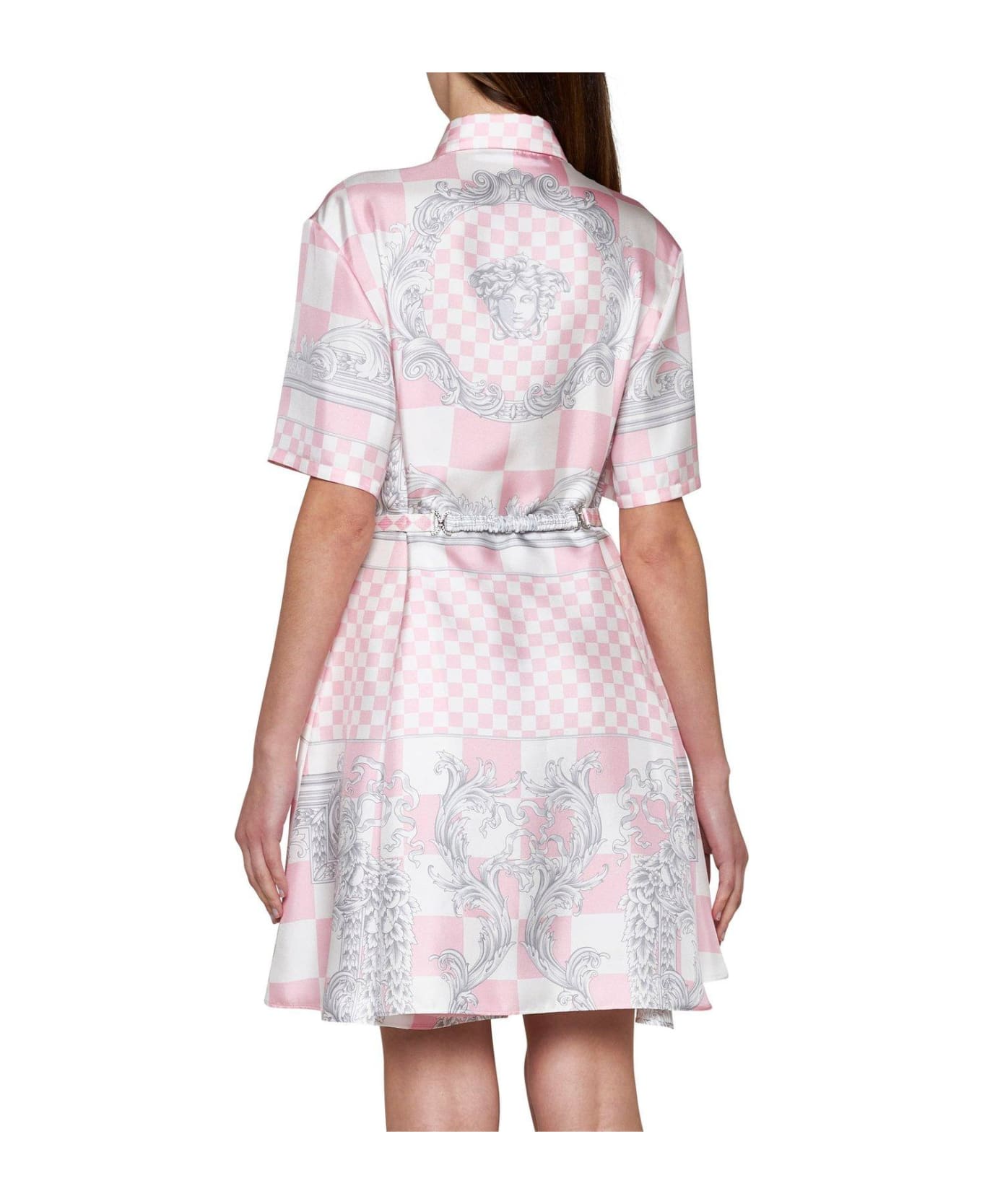 Versace Barocco-printed Belted Shirt Dress - Pastel pink + white + silver
