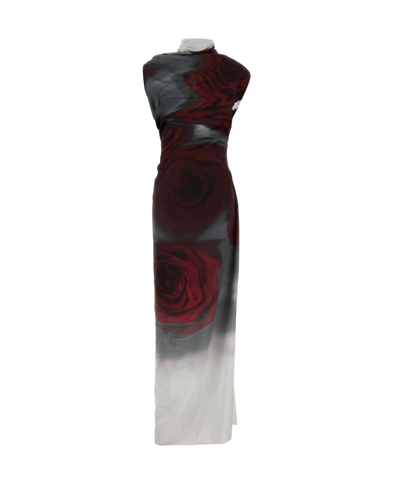 Jean Paul Gaultier Printed Satin Long Dress - WHITEGREYRED