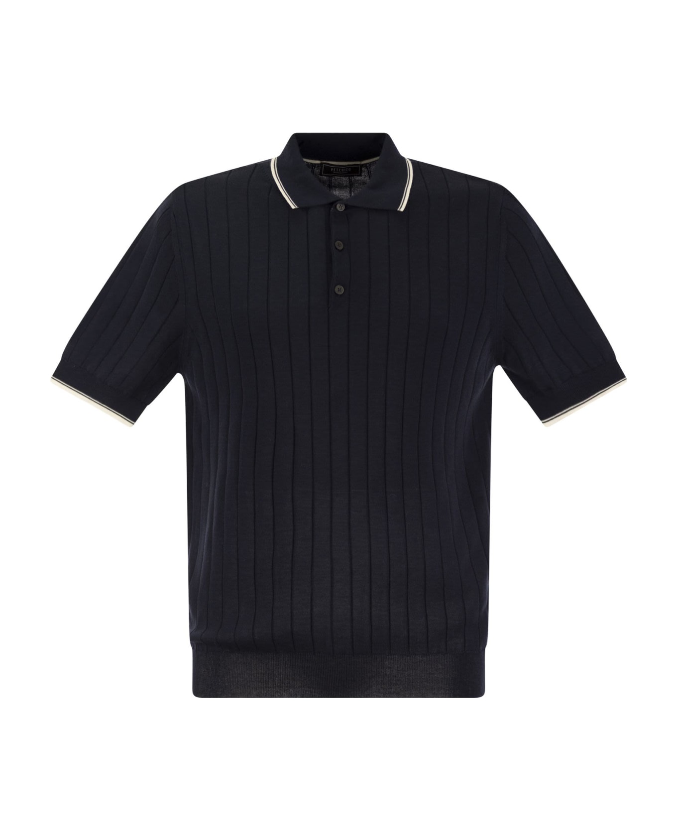 Peserico Polo Shirt In Pure Cotton Crepe Yarn With Flat Rib - Blue/beige
