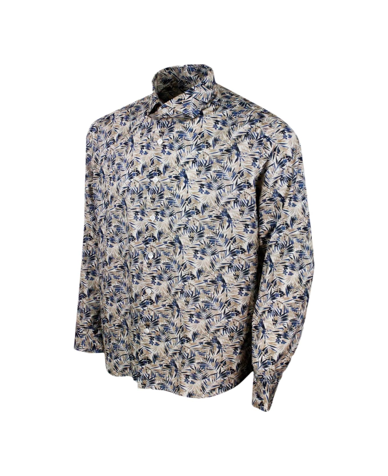 Sonrisa Luxury Shirt In Soft, Precious And Very Fine Stretch Cotton Flower With Spread Collar In Fern Print - Beige