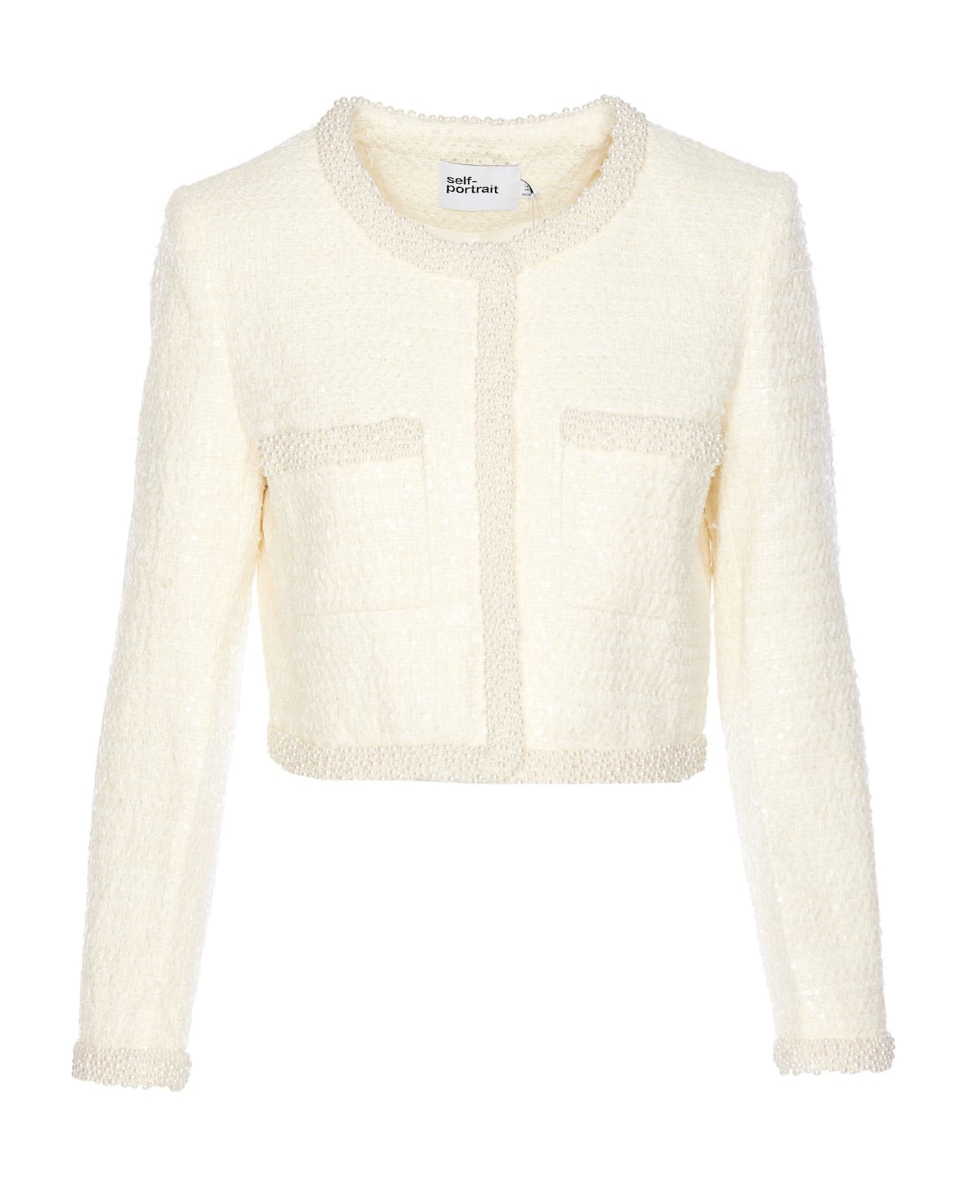 self-portrait Cream Boucle Pearl Trim Jacket - White