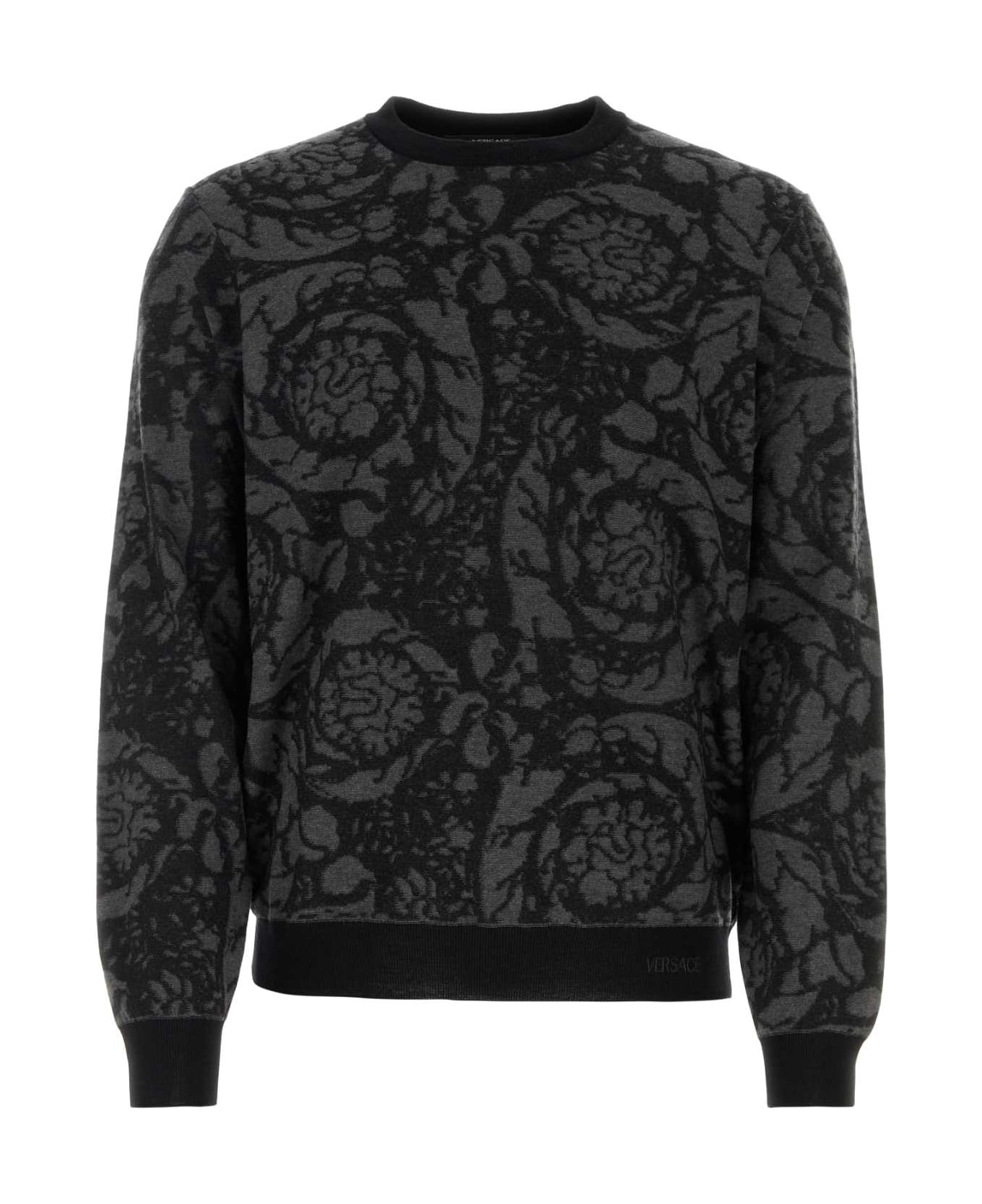 Versace Embroidered Wool Blend Sweater - BLACKGREY フリース