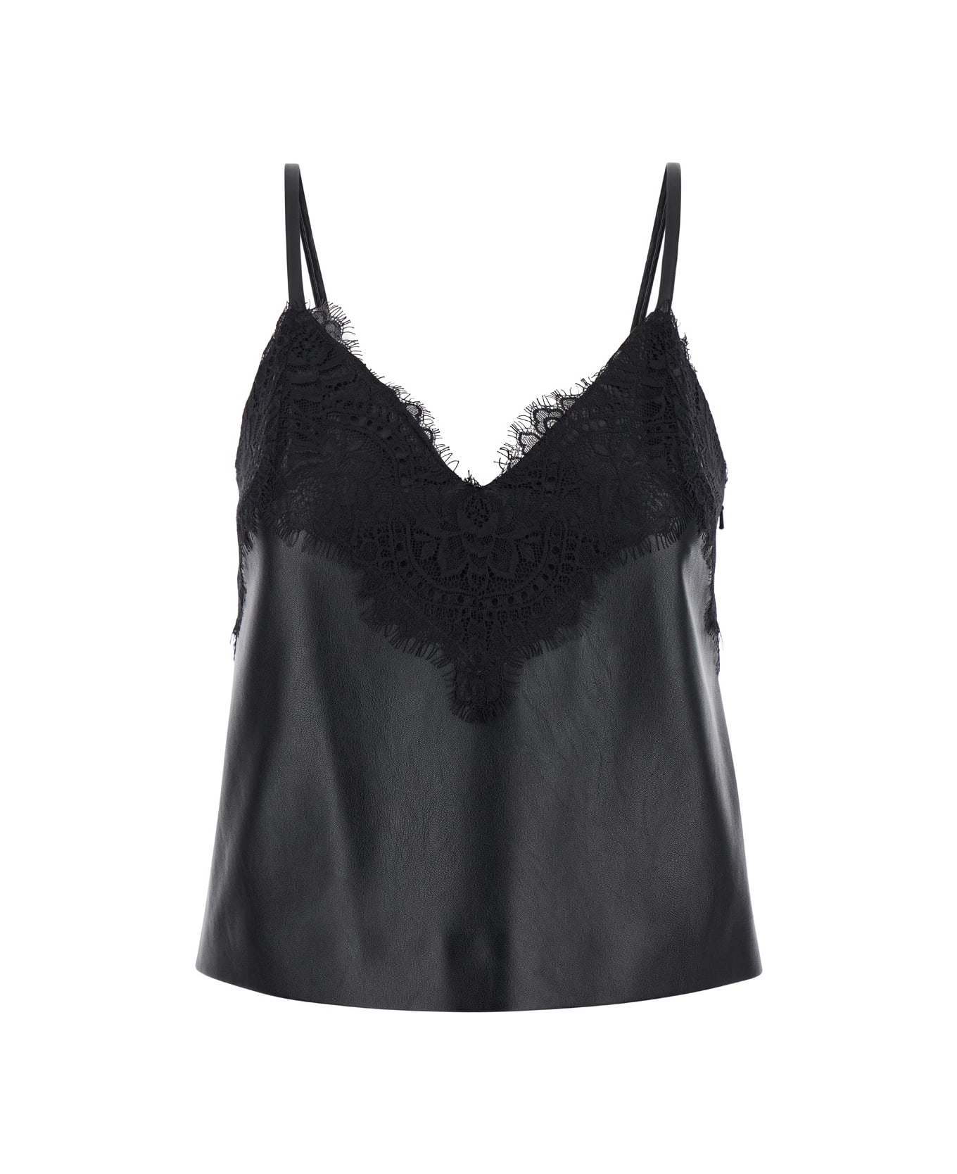 Alberta Ferretti Black Top With Lace Trim In Eco Leather And Fabric Woman - Black