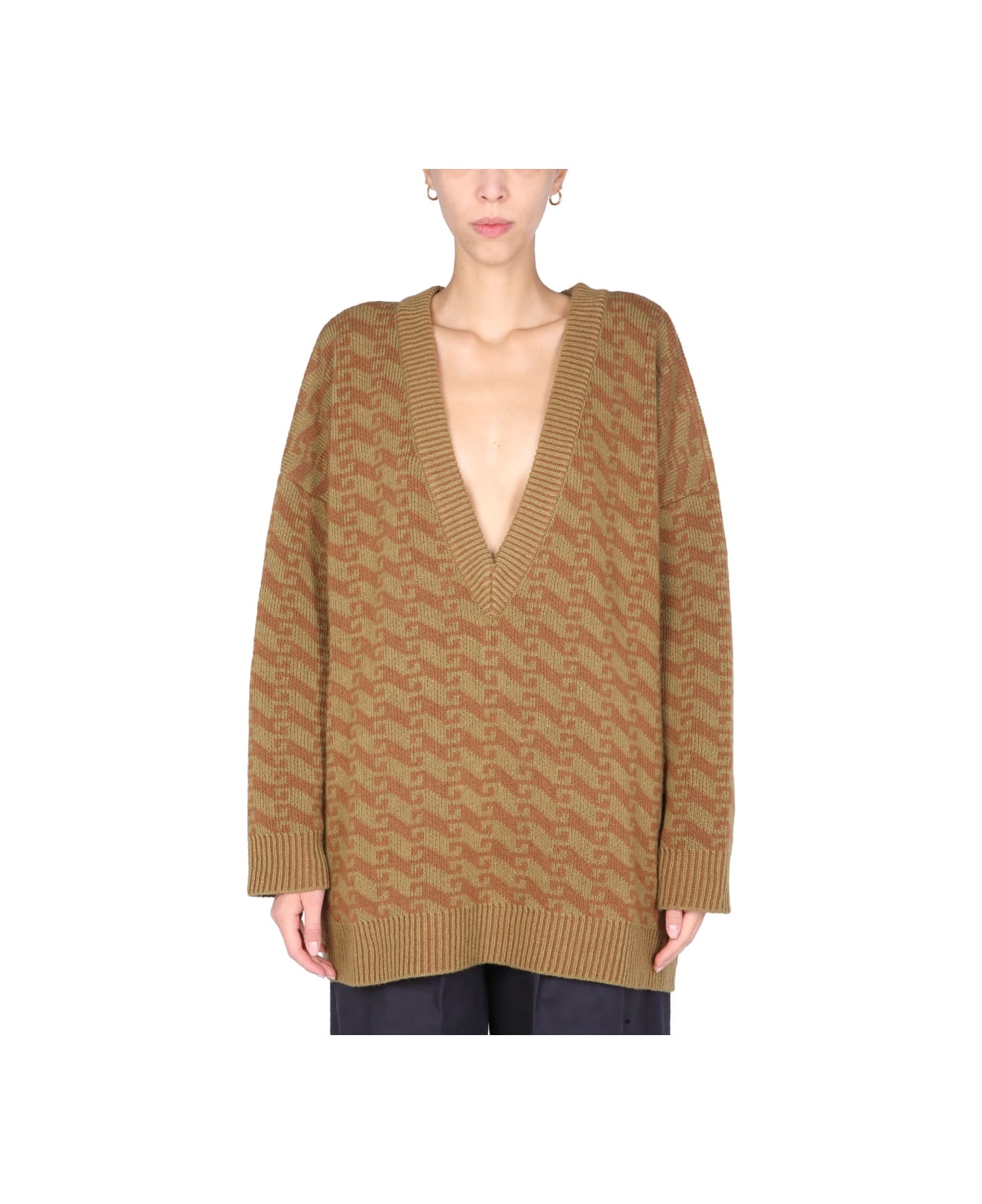 Jejia V-neck Jacquard Sweater - BROWN