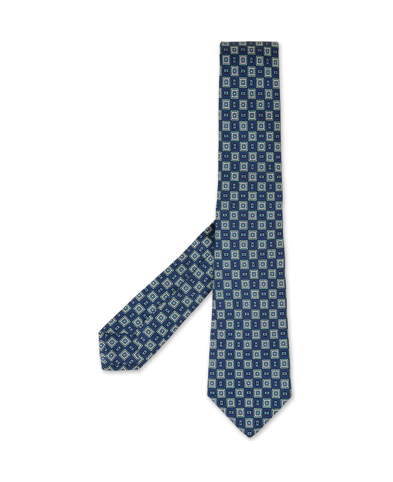 Kiton Blue And Green Tie With Geometric Micro Pattern - Blue