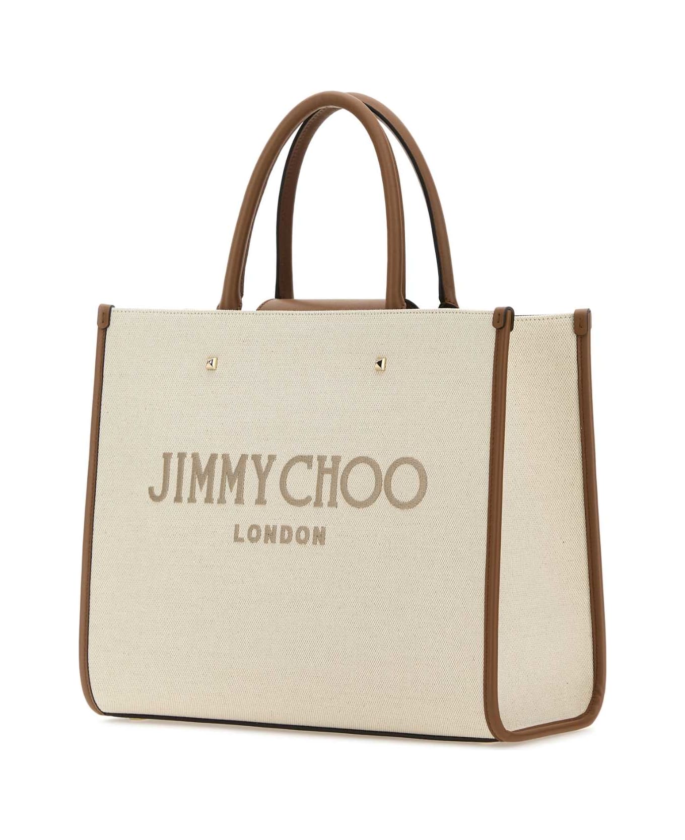 Jimmy Choo Sand Canvas Avenue M Shopping Bag - NATURALTAUPEDARKTANLIGHTGOLD