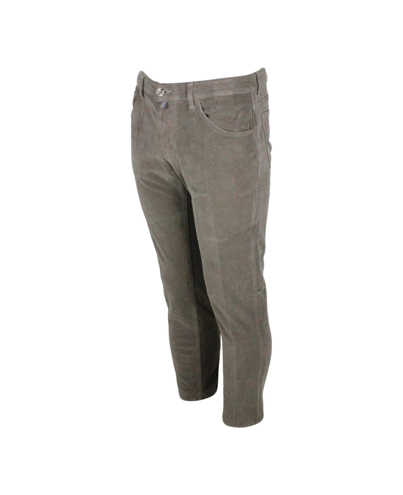 Jacob Cohen Histores Scott Trousers In Luxury Edition In Soft 1000 Striped Velvet With 5 Pockets With Closure Buttons. Slim Cropped Carrot Fit - Elephant grey