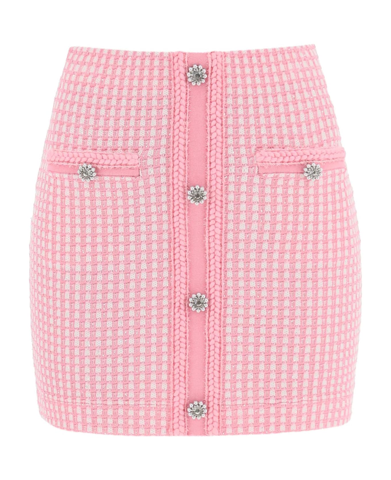 self-portrait Lurex Knitted Mini Skirt With Diamanté Buttons - PINK (Pink)