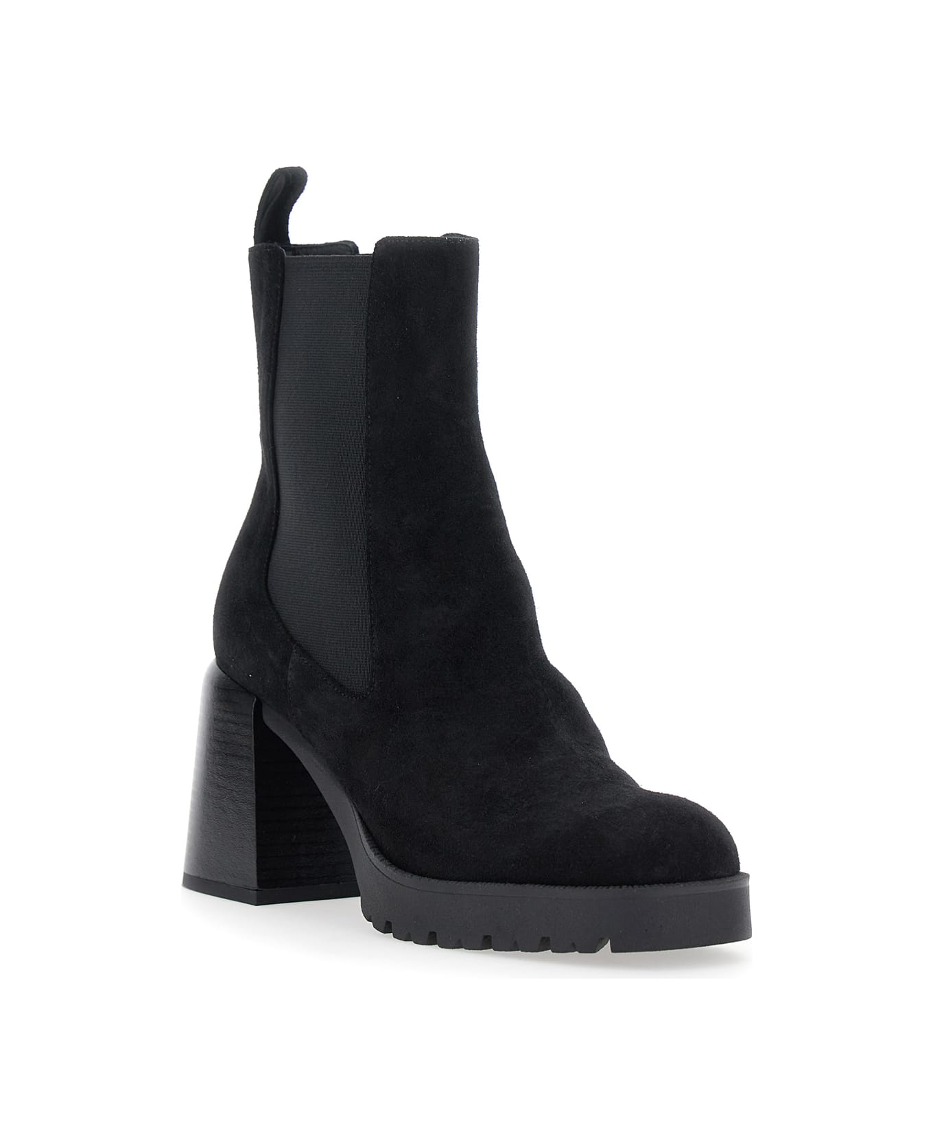 Pollini Black Elasticated Band Block Heel Ankle Boots In Suede Woman - Black