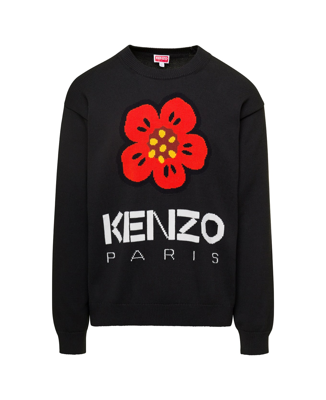Kenzo Black Crewneck Jumper With Logo And Boke Flower On The Chest In Cotton Man - Black