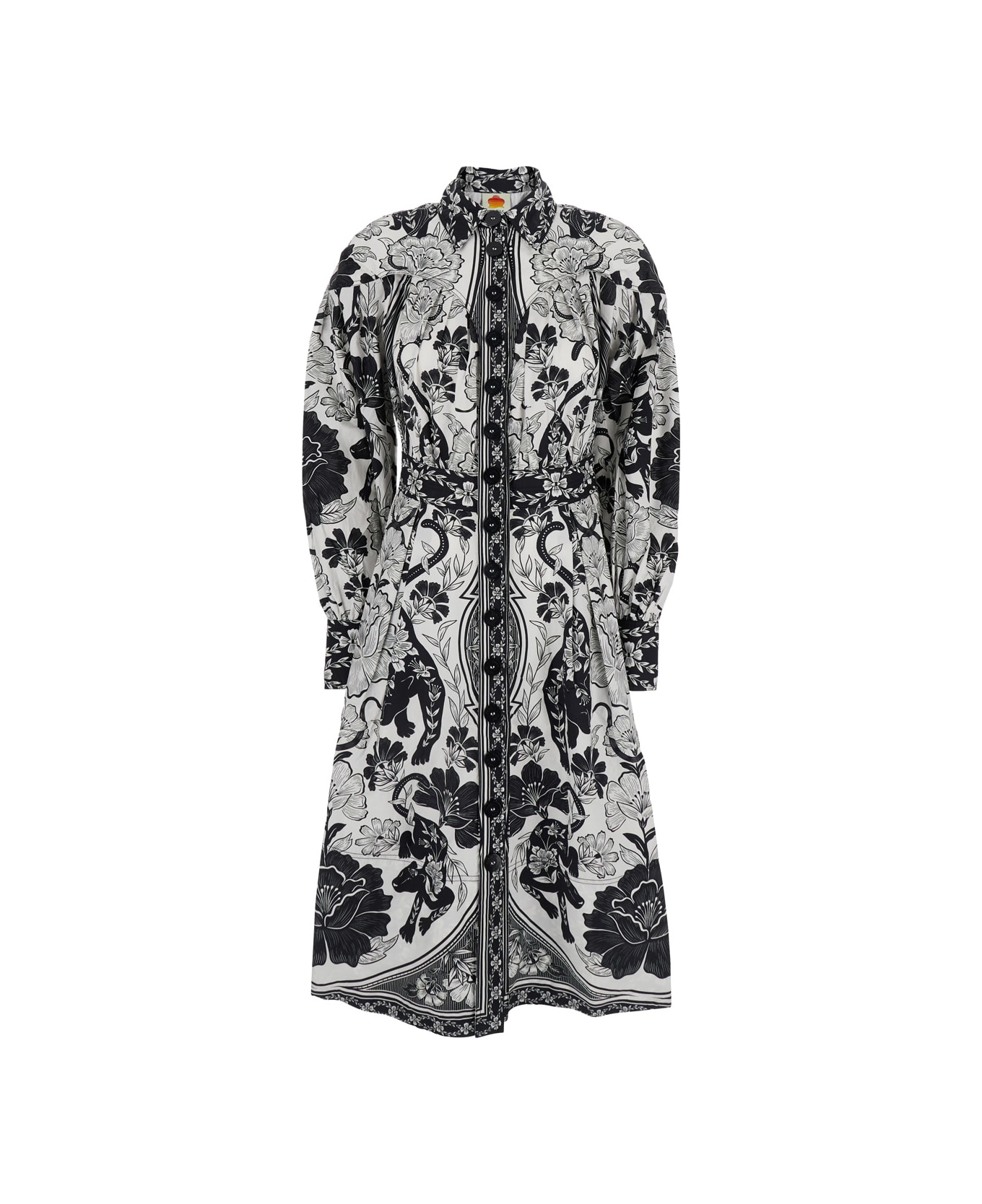 Farm Rio Black And White Long Dress With High Neck And All-over Floral Print In Cotton Woman - White/black