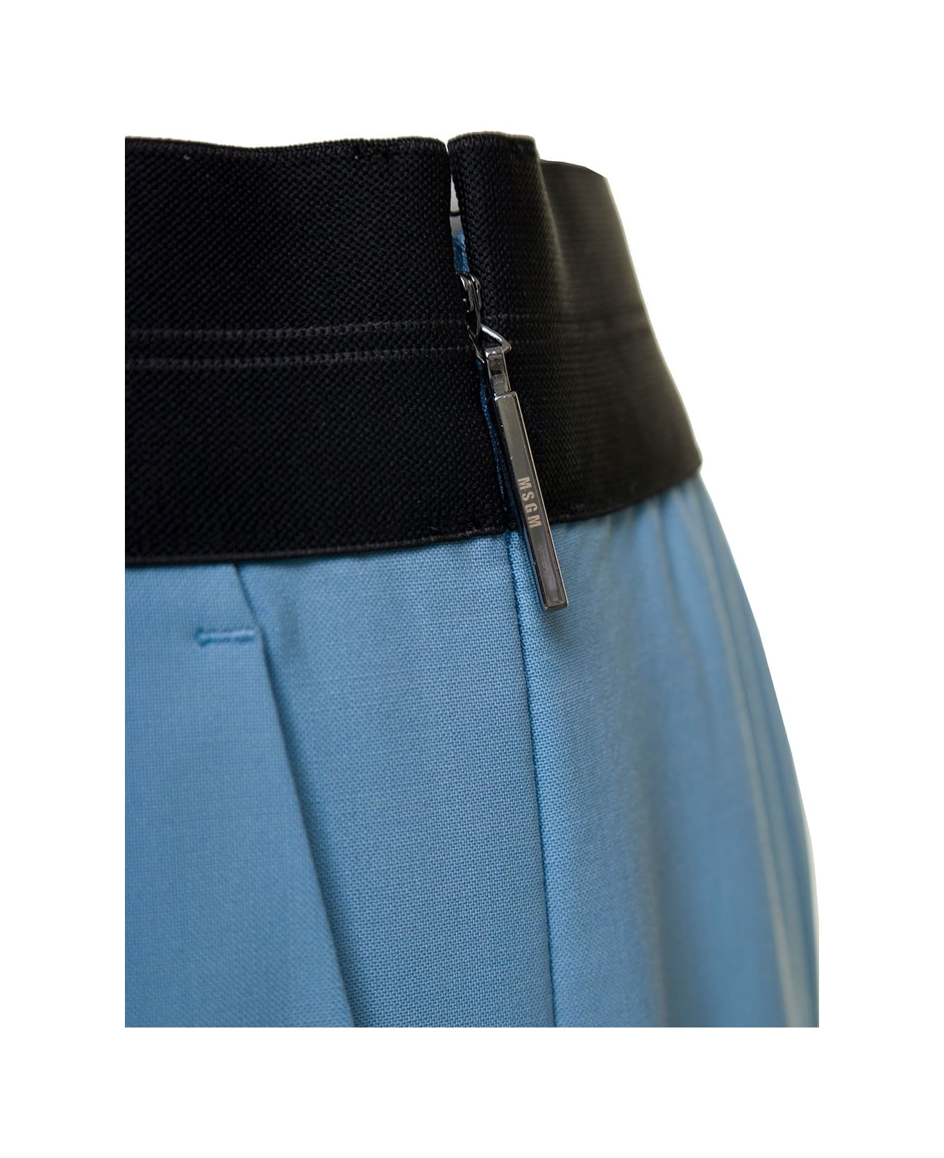 MSGM Light Blue Wide Leg Trousers With Logo Waistband In Wool Woman - Blu ボトムス