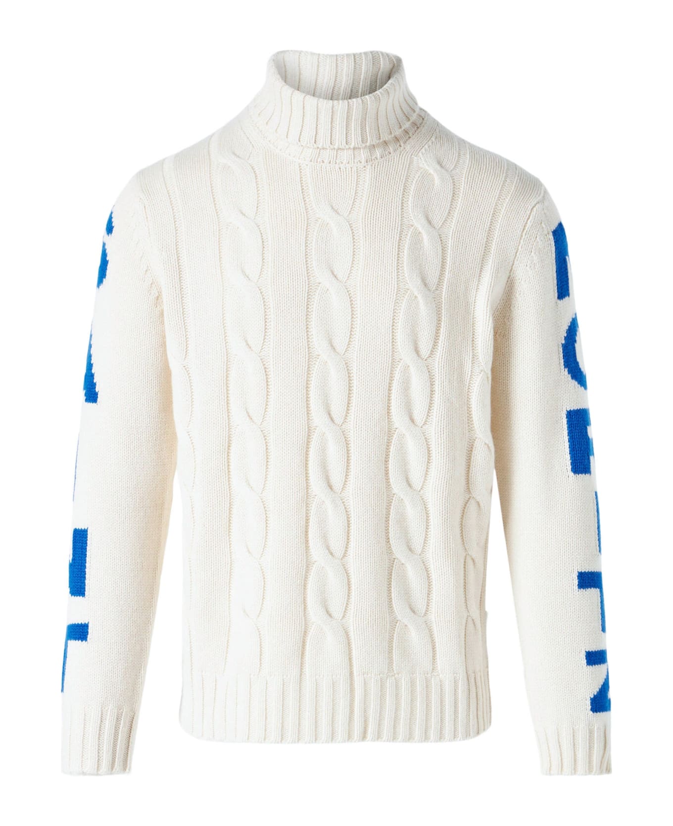 MC2 Saint Barth Man Turtleneck Braided Sweater With Saint Moritz Print - WHITE
