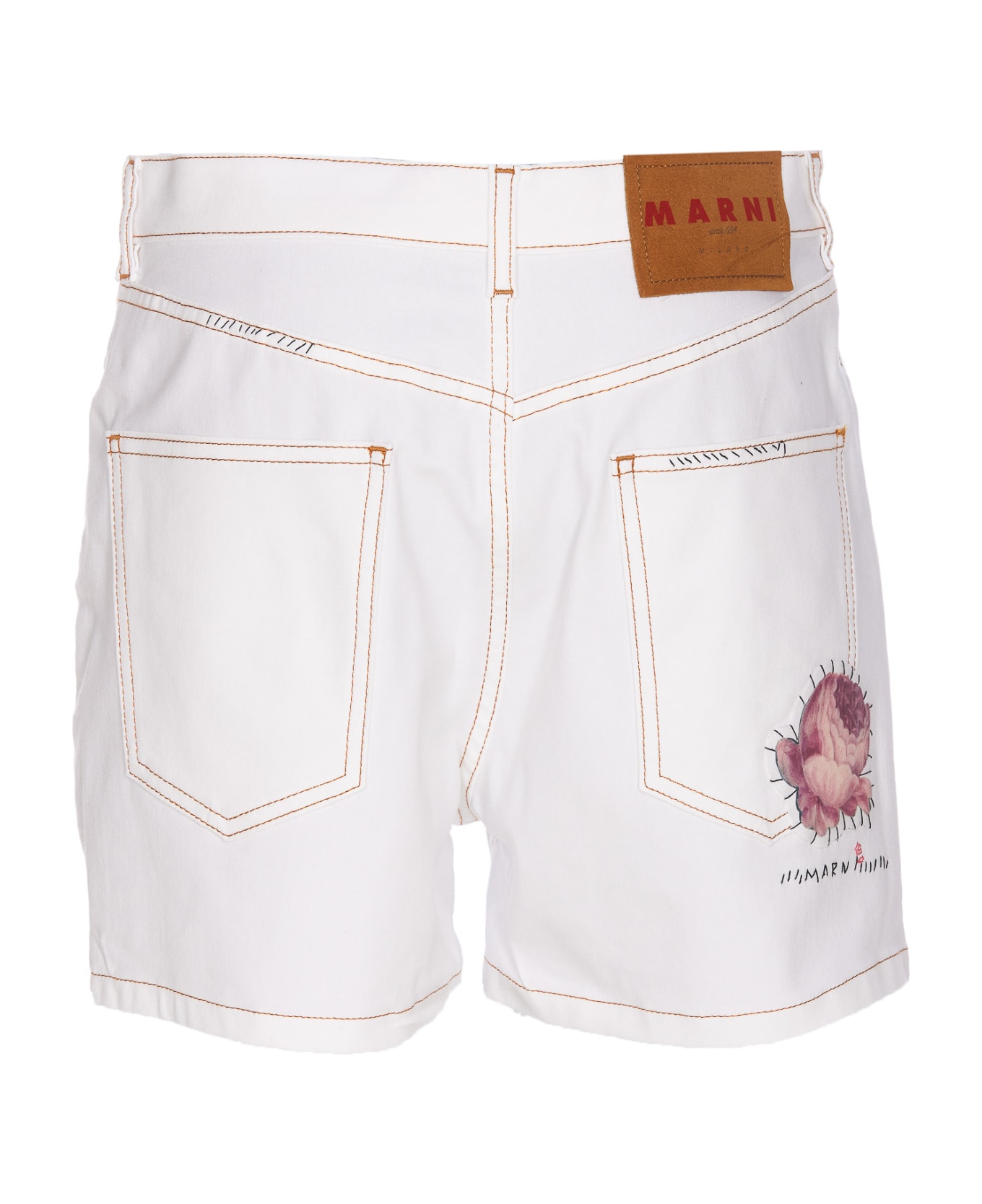 Marni White Denim Shorts With Flower Appliqué - White