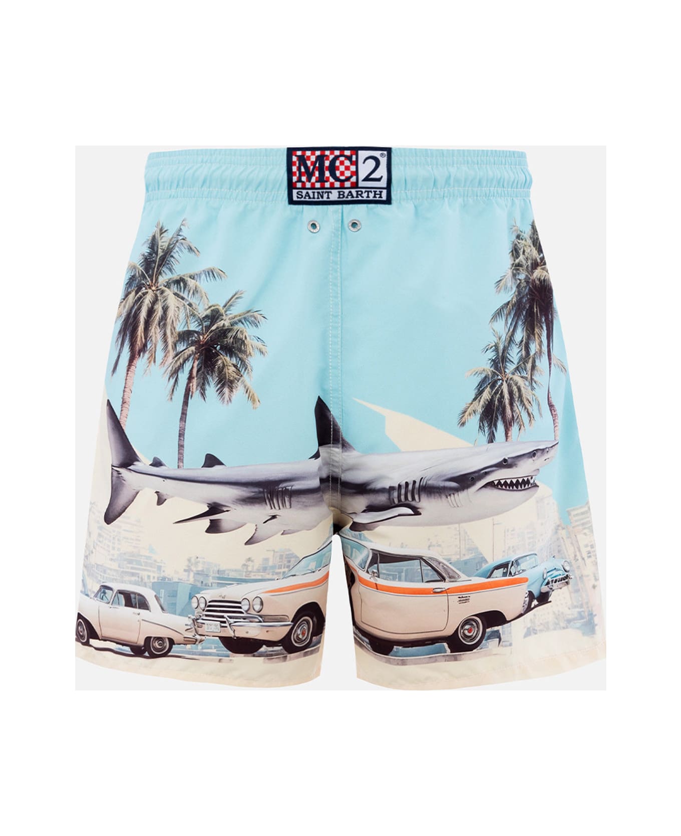 MC2 Saint Barth Man Mid-length Gustavia Swim-shorts With Car And Shark Placed Print | Ai Co-created Design By Rickdick - Powered By Red - GREEN