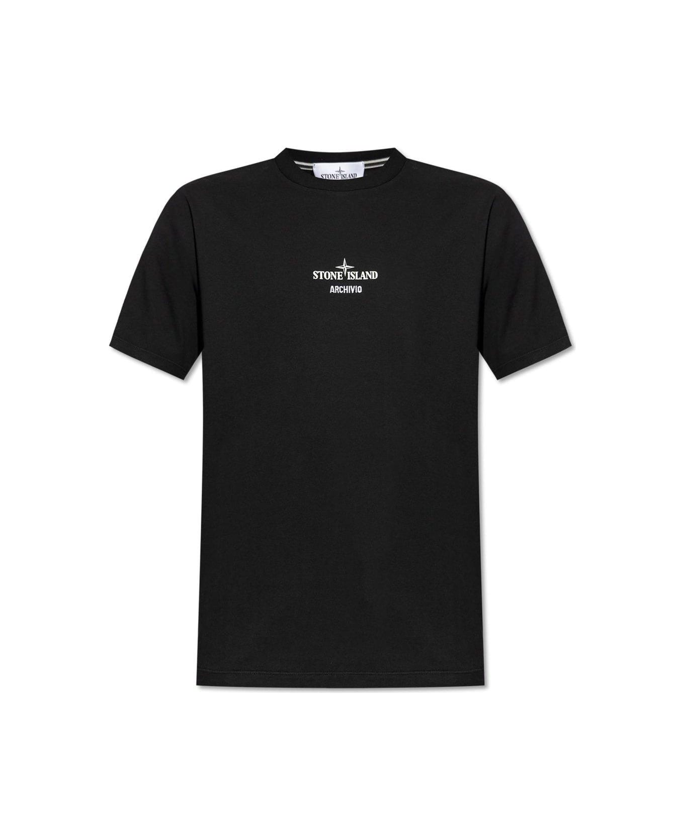 Stone Island Logo Printed Crewneck T-shirt - BLACK