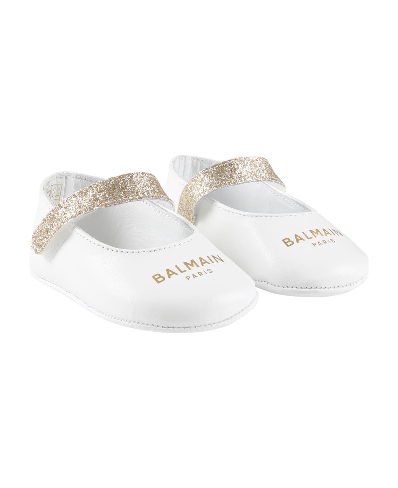 Balmain White Flats For Baby Girl With Golden Logo - White