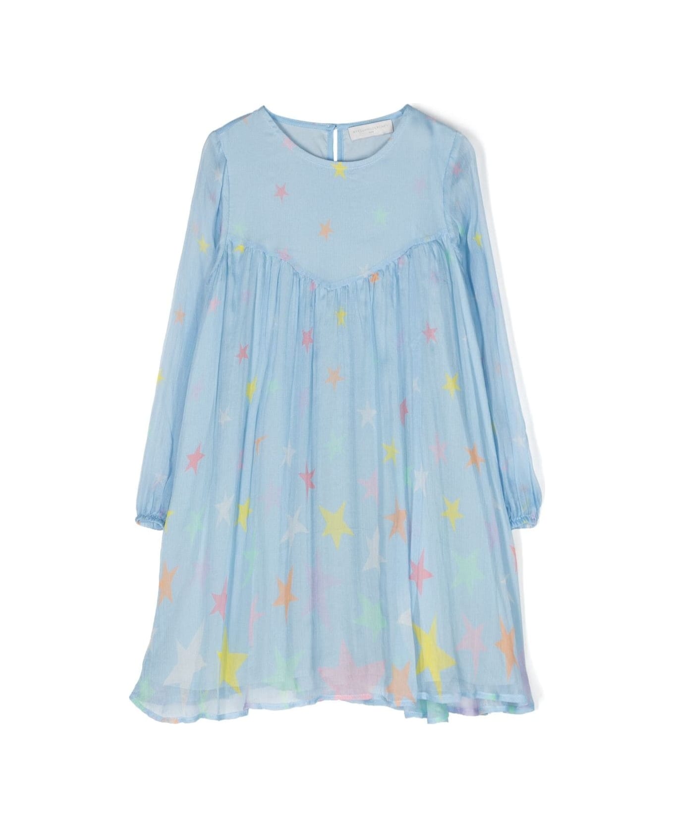 Stella McCartney Kids Light Blue Dress With Volant And All-over Star Motif In Silk Girl - Multicolor