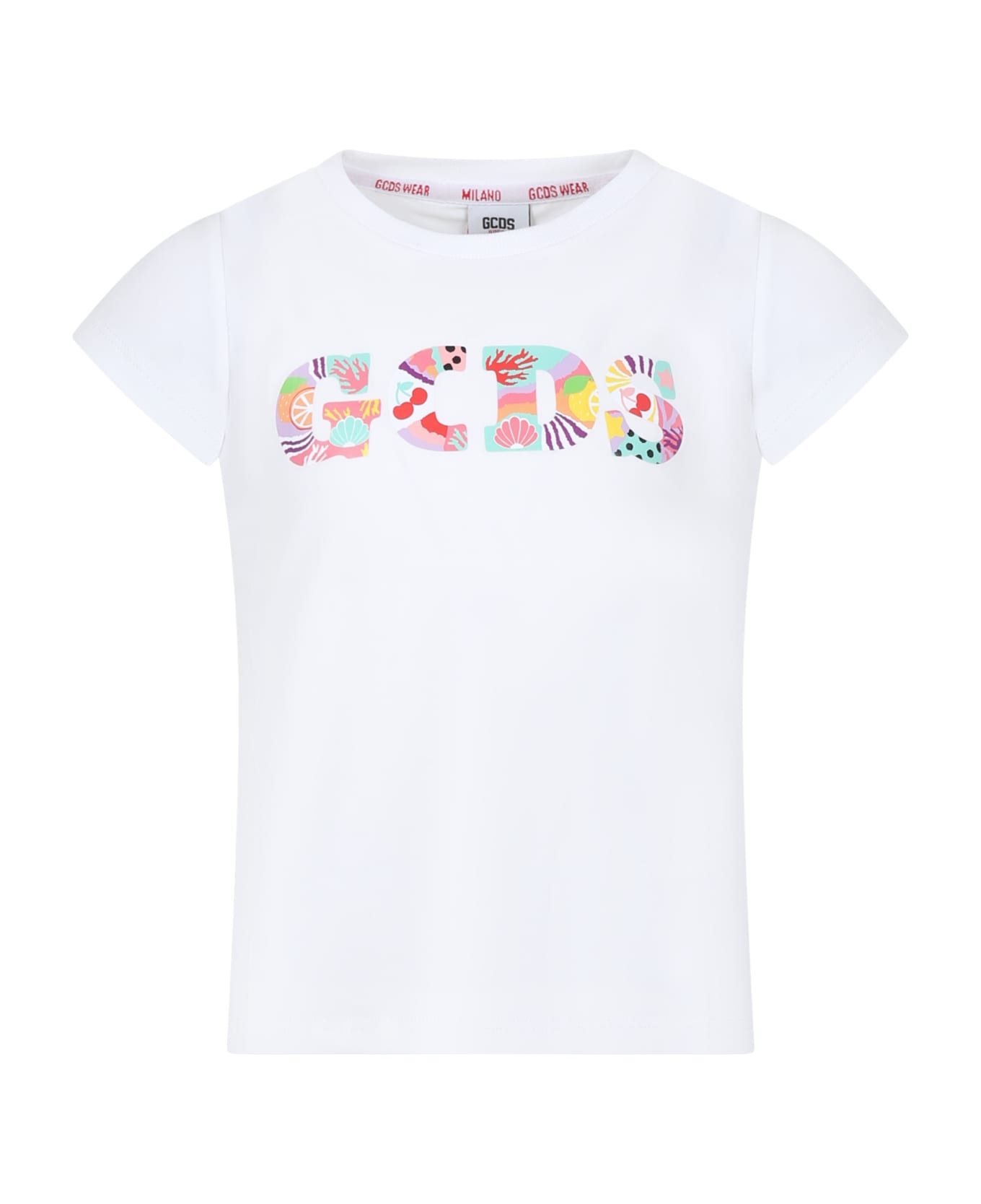 GCDS Mini White T-shirt For Girl With Patterned Logo - White