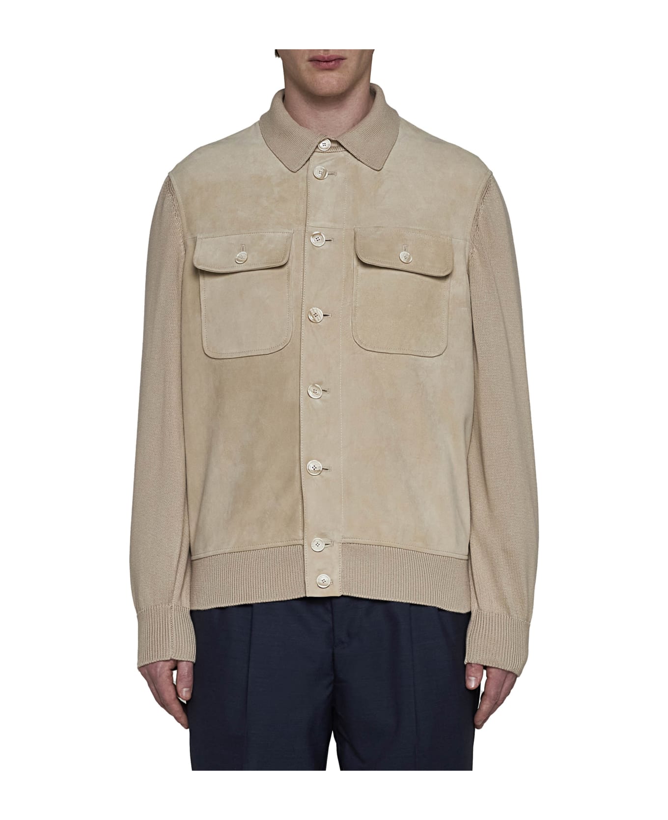 Brunello Cucinelli Leather And Knit Hybrid Jacket - Sand