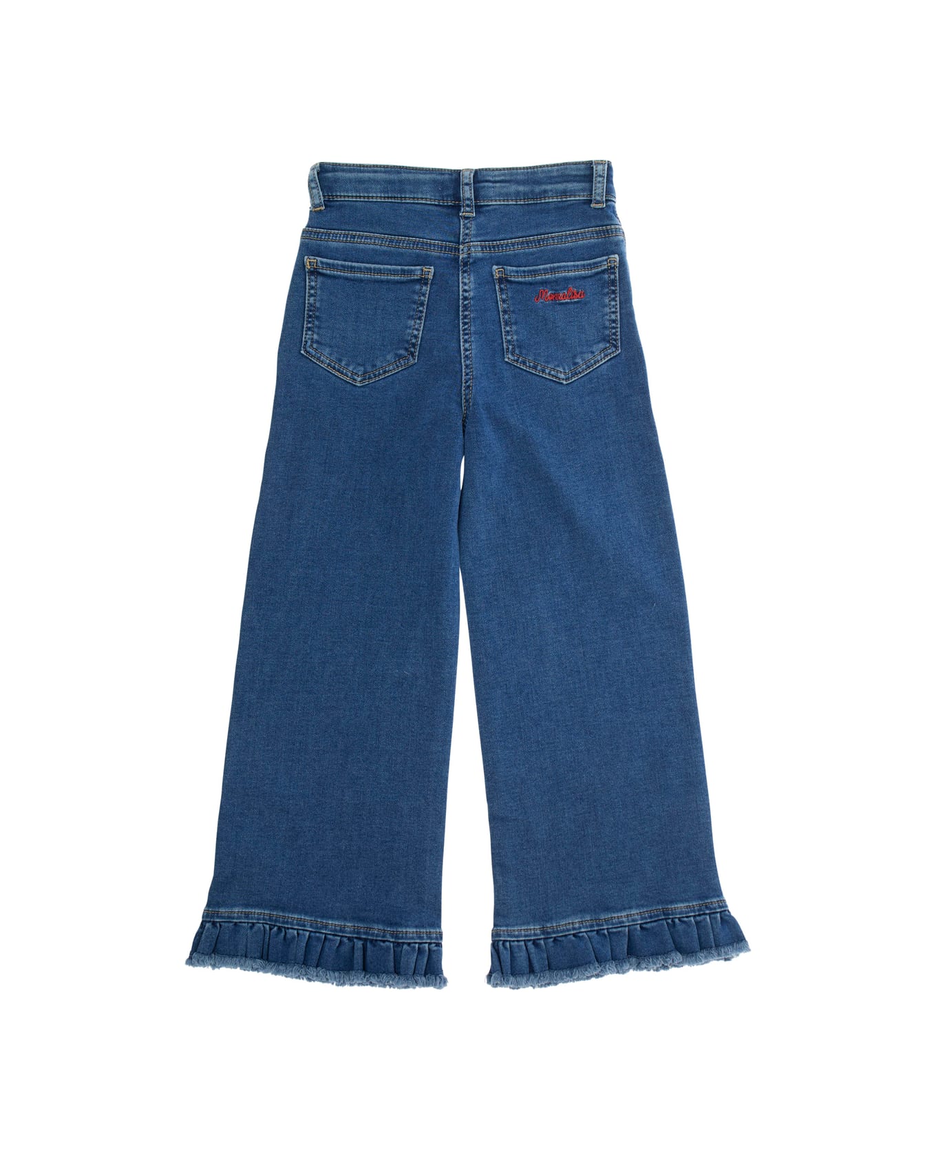 Monnalisa Blue Jeans With Ruched Hem And Logo Lettering Embroidery On The Rear In Denim Girl - Blu