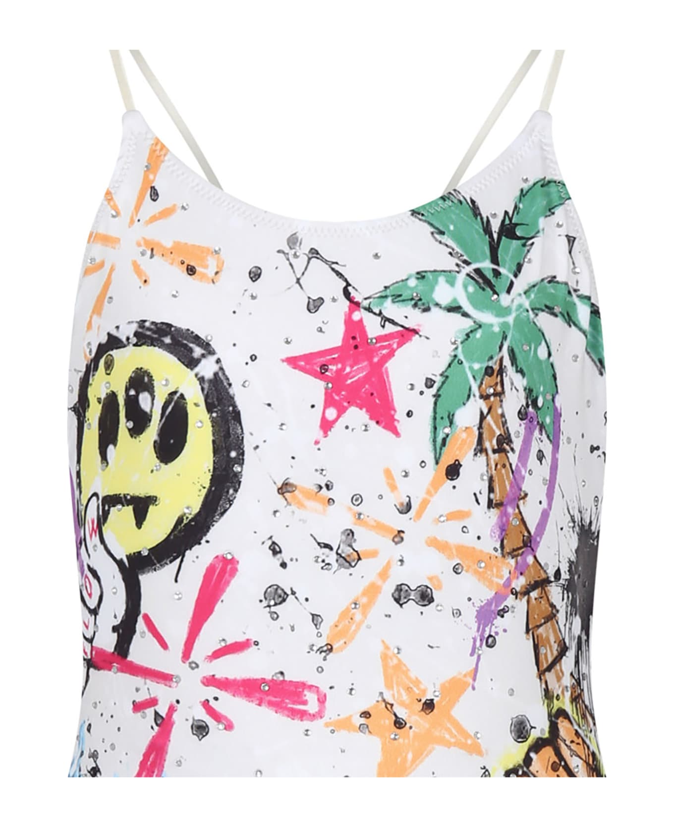 Barrow Ivory Swimsuit For Girl With Palm Tree And Smile Print - Ivory