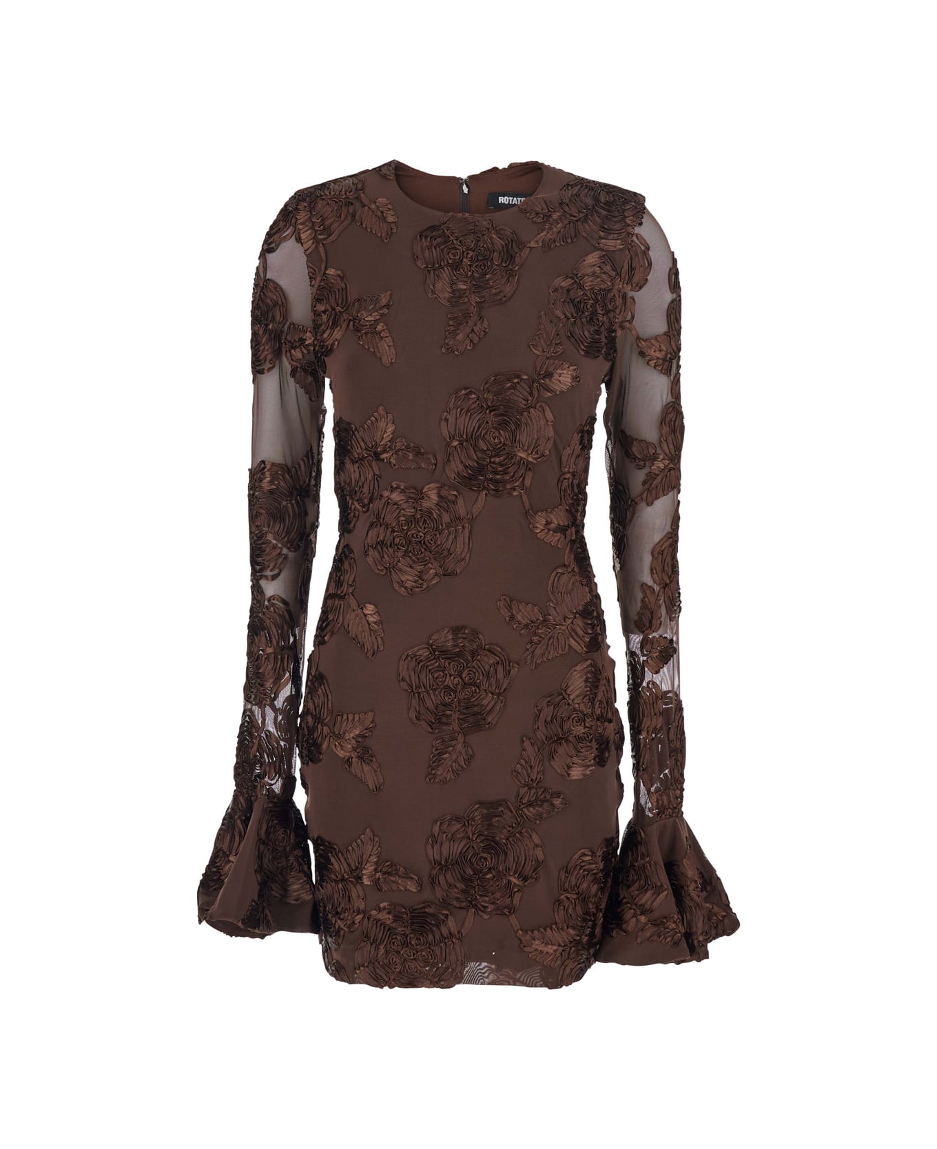 Rotate by Birger Christensen Brown Crewneck Mini Dress With Flared Long Sleeves In Tech Fabric Stretch Woman - Brown