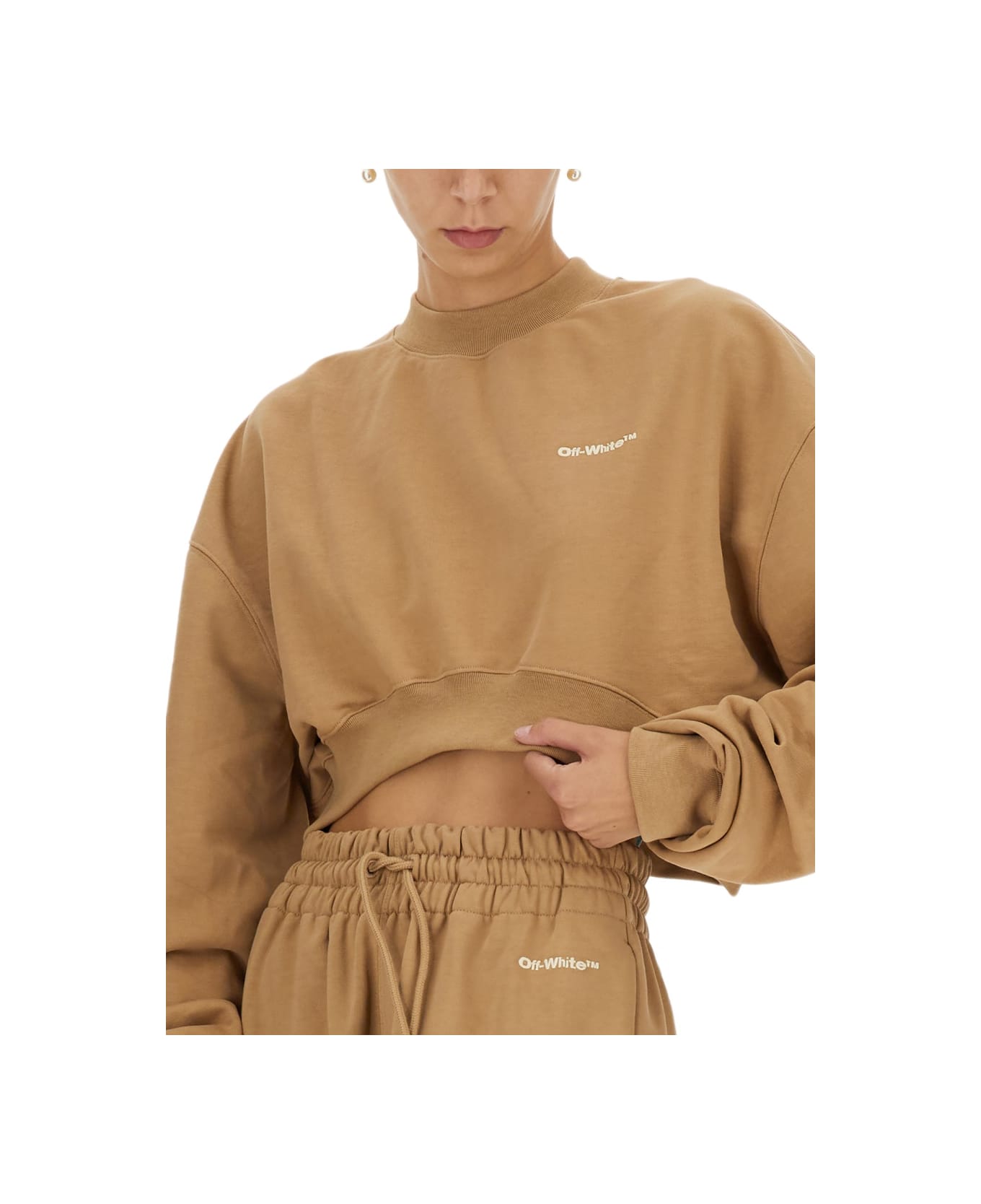 Off-White Cropped Sweatshirt With Logo - BROWN