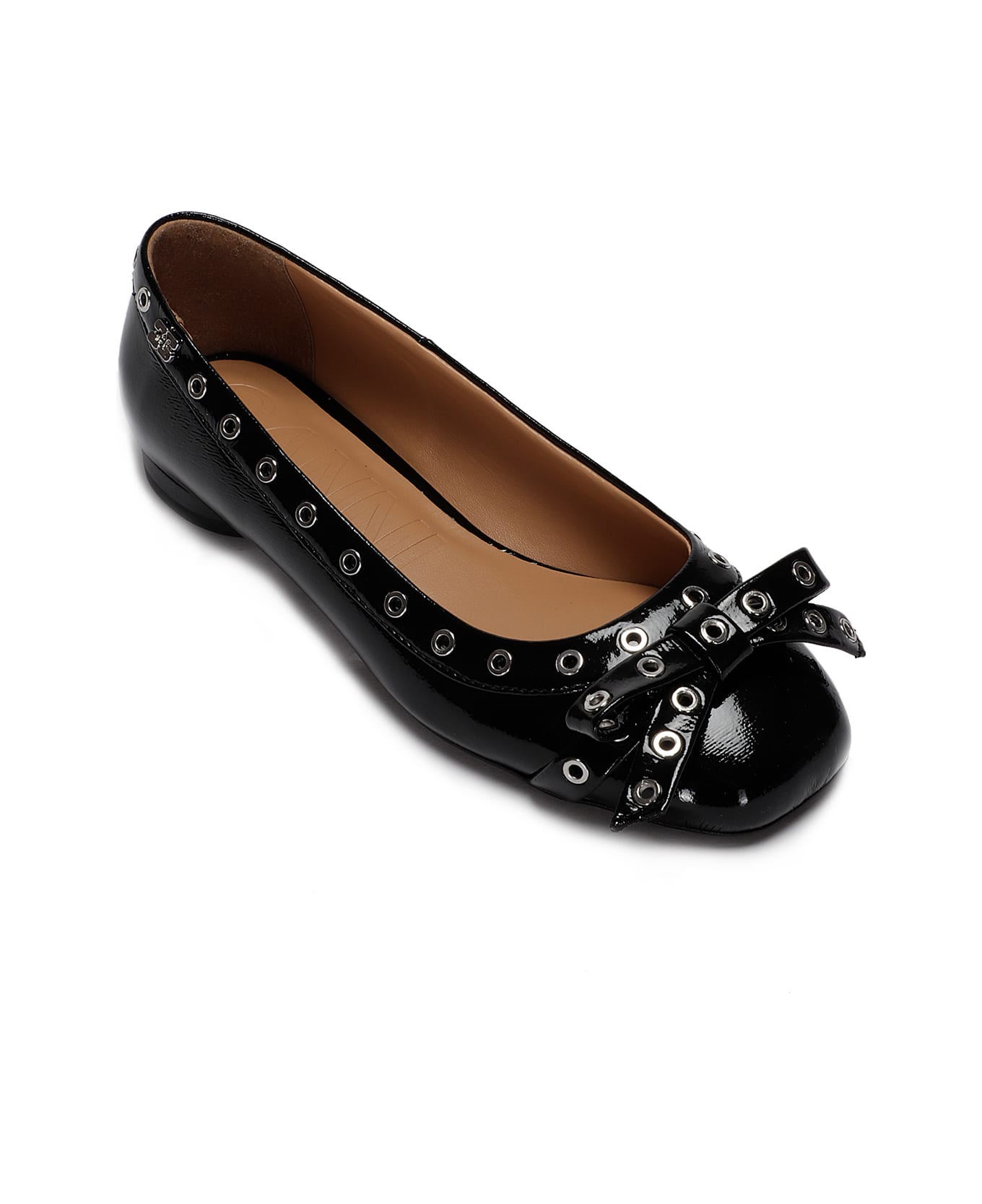 Ganni Eyelets Bow Ballerina Naplack - BLACK