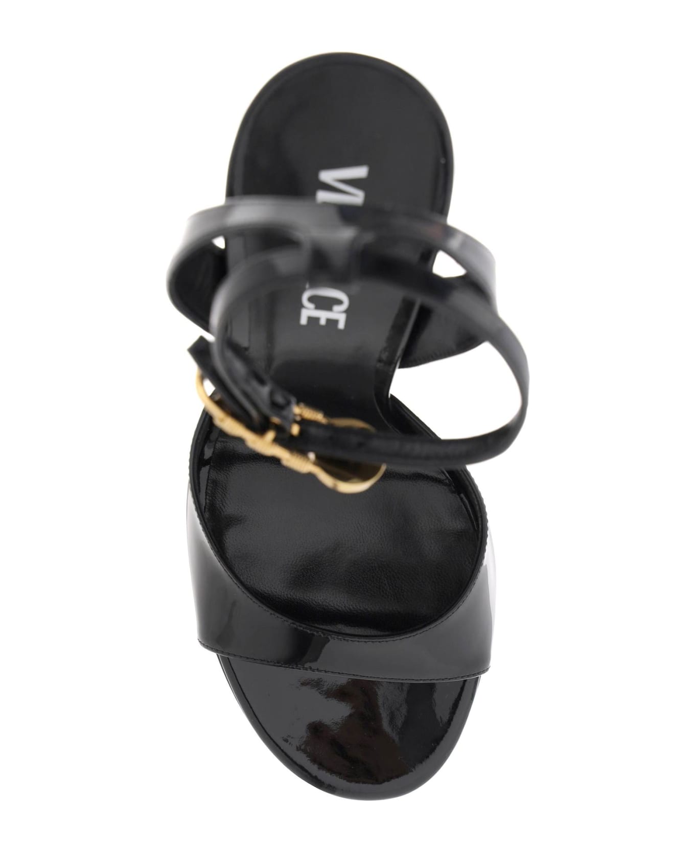 Versace 'safety Pin' Patent Leather Sandals - Black