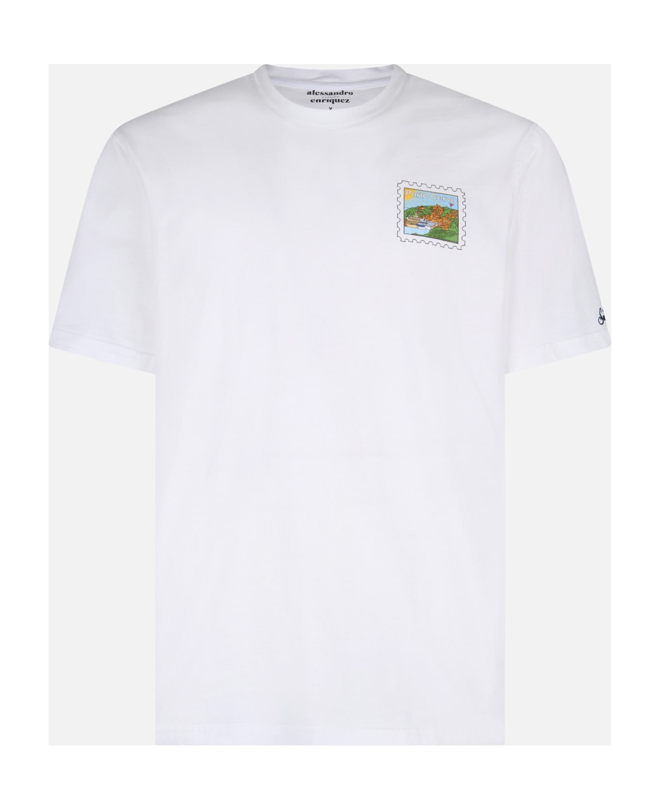 MC2 Saint Barth Man Cotton T-shirt With Porto Cervo Postcard Front And Back Print | Alessandro Enriquez Special Edition - WHITE