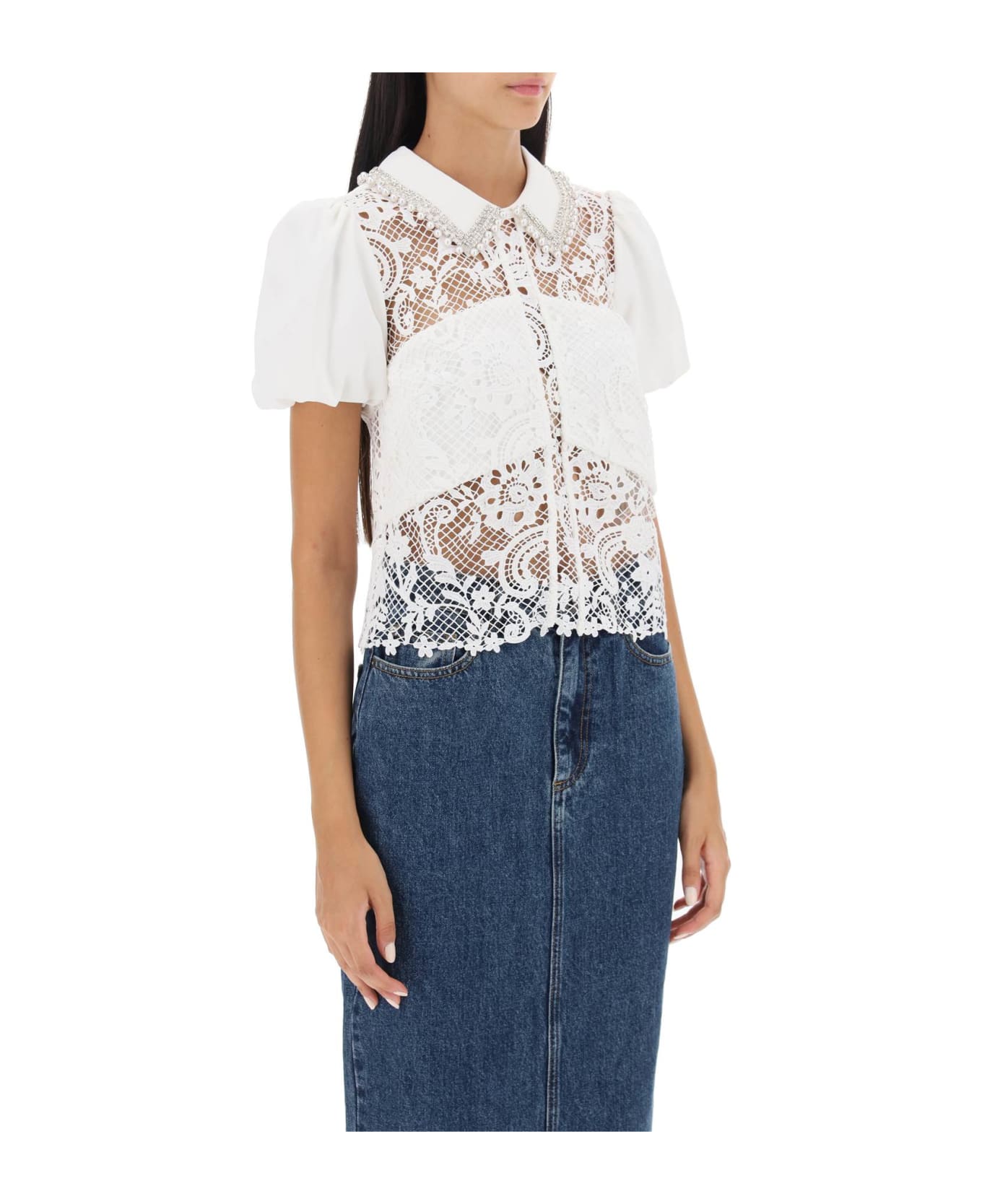 self-portrait Floral-lace Top With Appliques - WHITE (White)